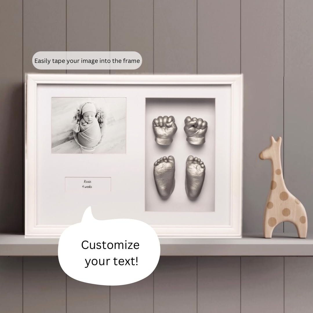 3D Baby Hands and Feet Casting Kit with White Frame - Customizable Silver Keepsake Mold for Newborn Footprint & Handprint | Perfect Baby Shower Gift, Nursery Decor, and First Birthday Memory