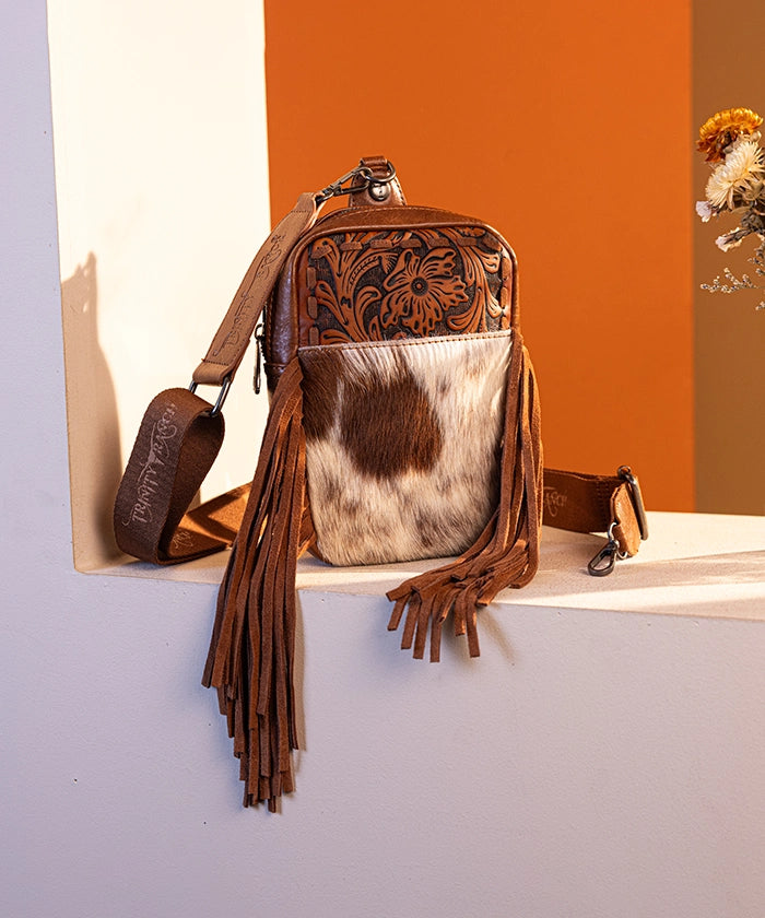 Genuine Hair-On Cowhide Fringe Sling Bag - Hand-Tooled Leather Crossbody Purse for Women | Western Boho Fashion Accessory | Perfect for Concerts, Festivals & Everyday Use