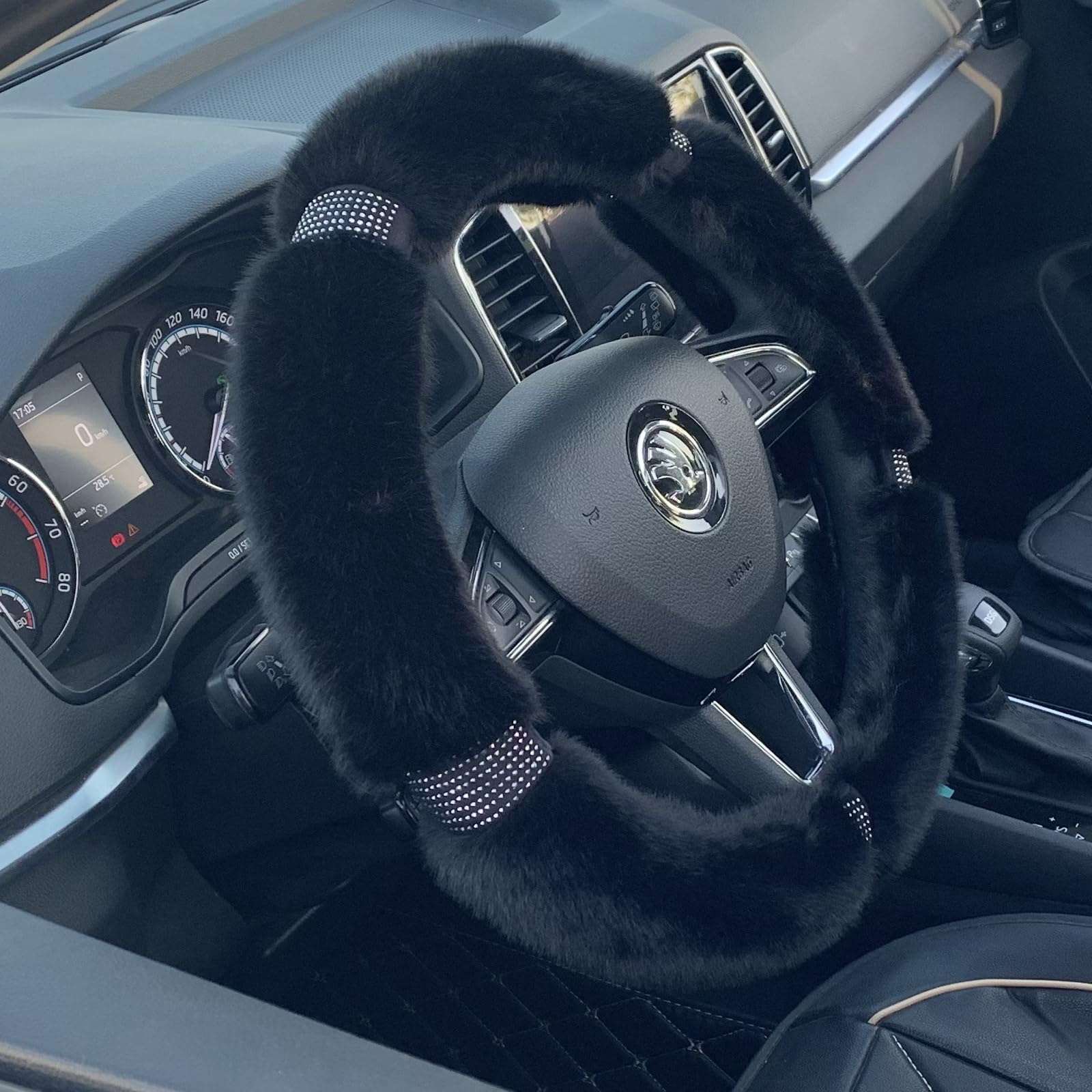 Fluffy Rhinestone Steering Wheel Cover - 15 Inch Universal Winter Warm Car Accessory for Women & Girls (Black) | Soft & Stylish for Cold Weather Driving Comfort