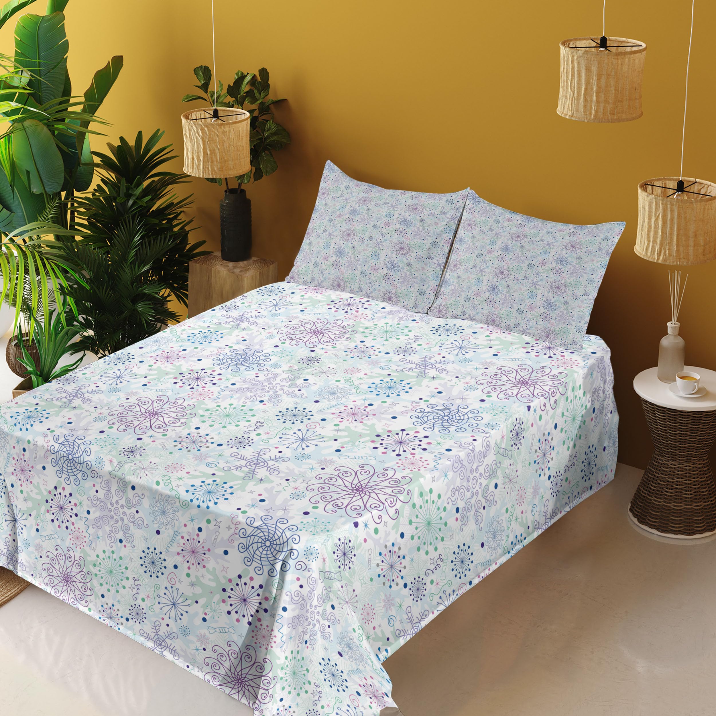 Ambesonne Winter Sheet Set - Pastel Abstract Snowflakes & Curls 4-Piece King Size Bedding (Fitted Sheet, Flat Sheet, 2 Pillowcases) - Blue Green Lavender - Cozy Warm Bedroom Decor for Cold Nights