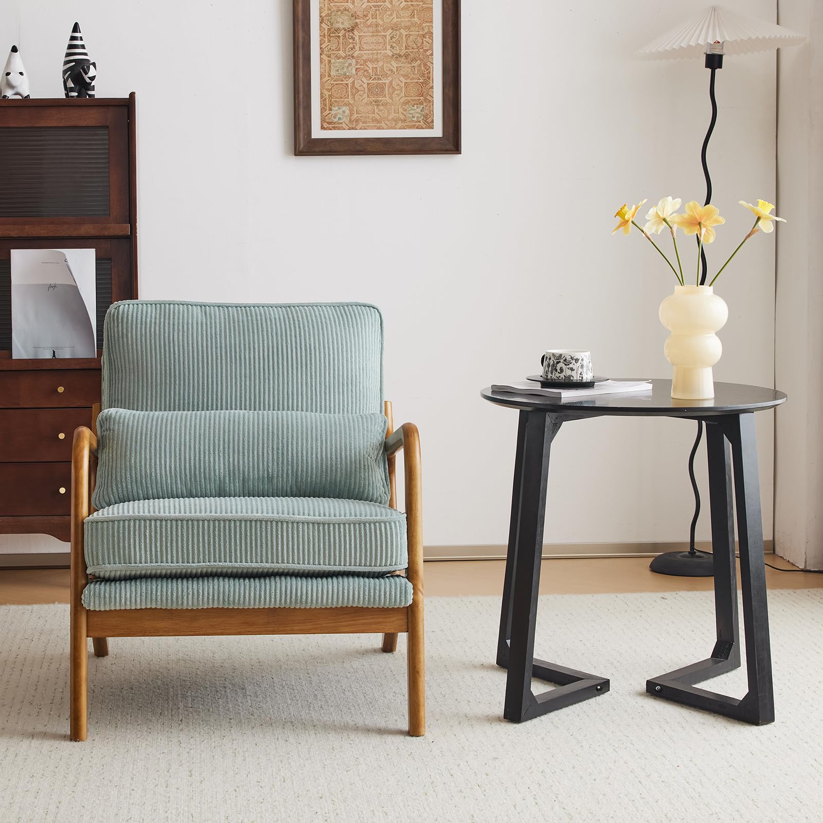 Upgraded Premium Corduroy Accent Chair - Mid Century Modern Upholstered Armchair with Solid Wood Frame & Lumbar Pillow - Comfortable Reading Chair for Living Room, Bedroom, Guest Room - Light Teal - Perfect for Relaxing, Reading & Home Decor