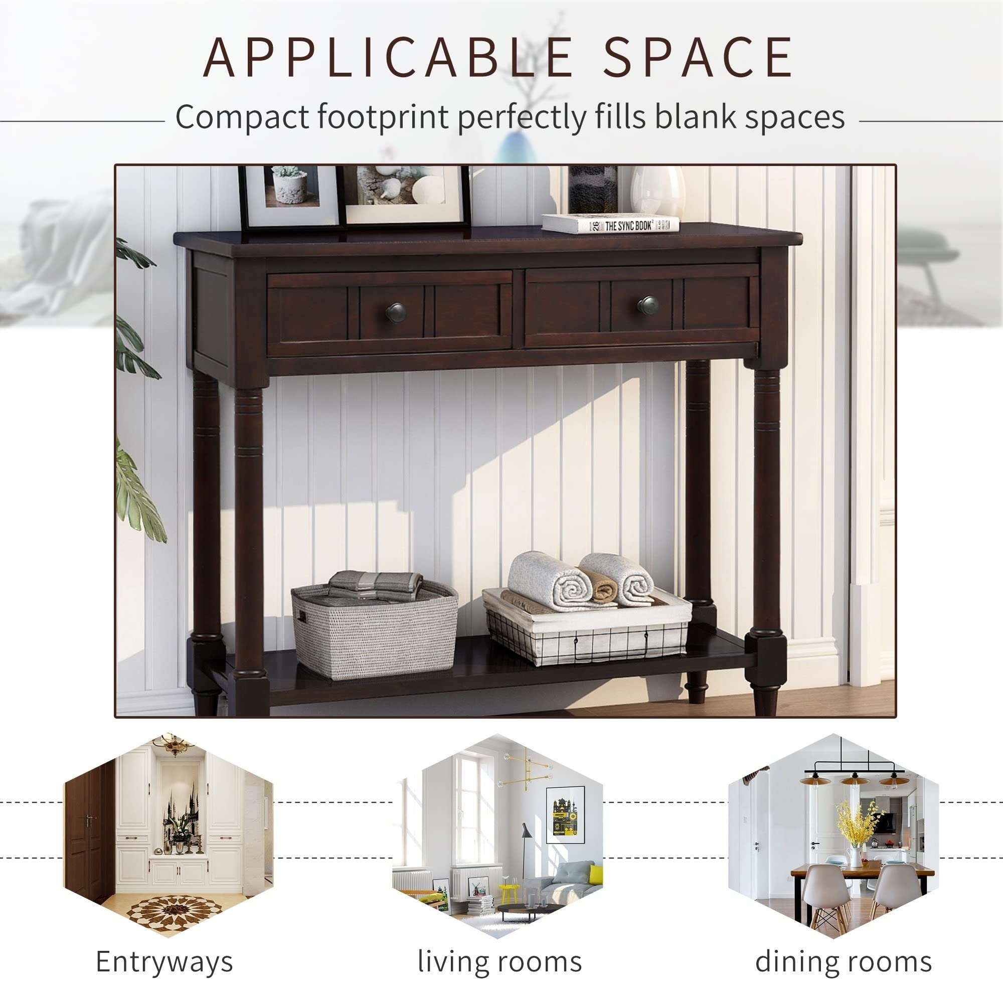 TREXM Daisy Series Console Table - Traditional Design with 2 Drawers & Bottom Shelf, Solid Acacia Mangium Wood (Espresso Finish) - Perfect for Entryway, Living Room & Hallway Decor