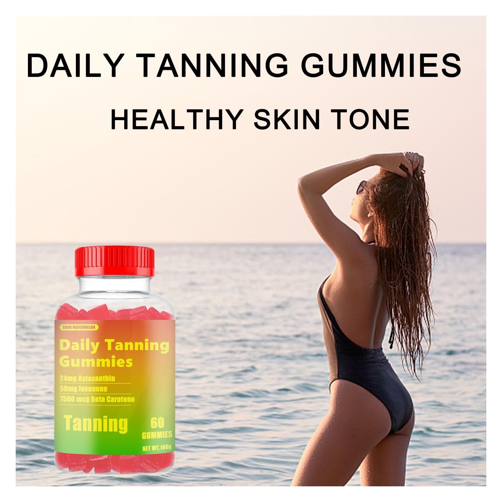 Tanning Gummies for Glowing Skin - Vegan, Non-GMO Supplement with Astaxanthin, Lycopene & Beta Carotene - 60 Count (1 Pack) for Sun-Kissed Complexion & Healthy Skin - Perfect for Beach Days & Summer Prep