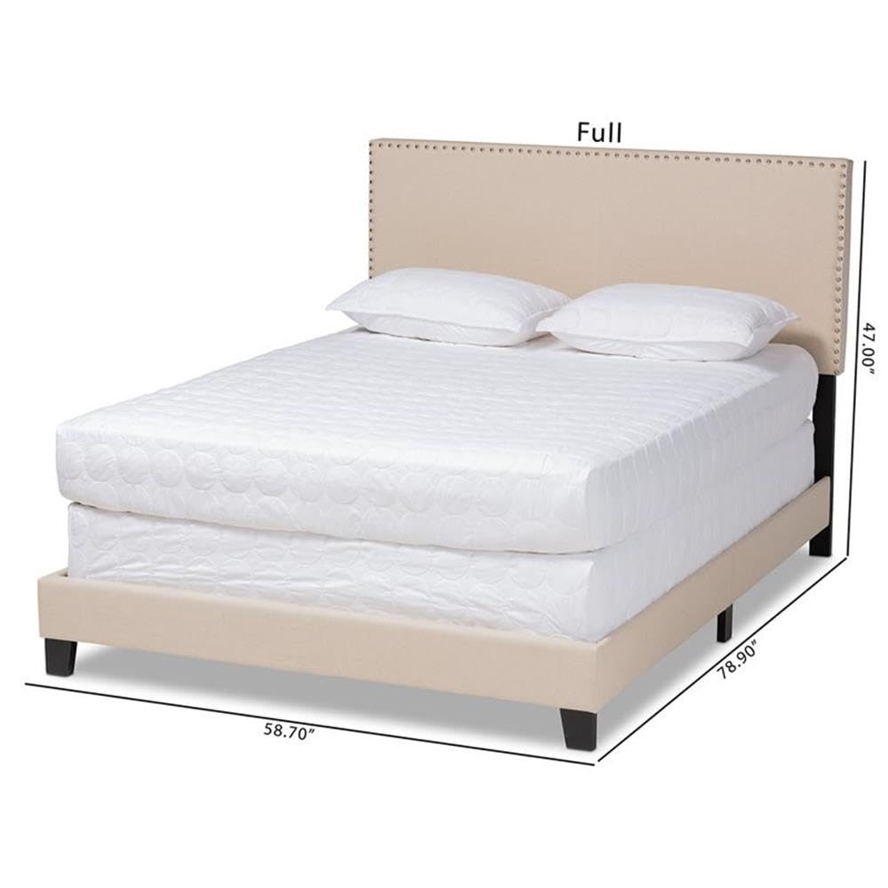 BOWERY HILL Full Size Beige Linen Upholstered Panel Bed with Nailhead Trim - Modern Bedroom Furniture for Master Bedroom, Guest Room & Apartment Decor