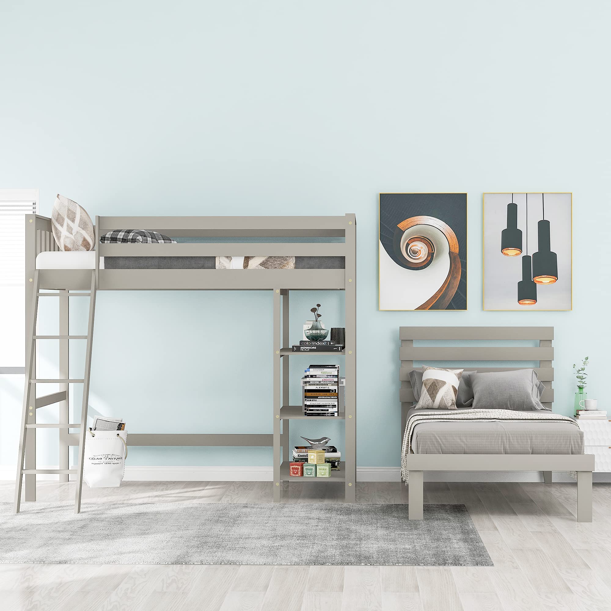 Solid Wood Twin Size Loft Bed Frame with Twin Platform Bed, 3 Storage Shelves & Safety Guardrail - Space Saving Kids & Teens Bedroom Furniture for Small Rooms (Gray) - Perfect for Dorms, Apartments & Shared Kids' Rooms