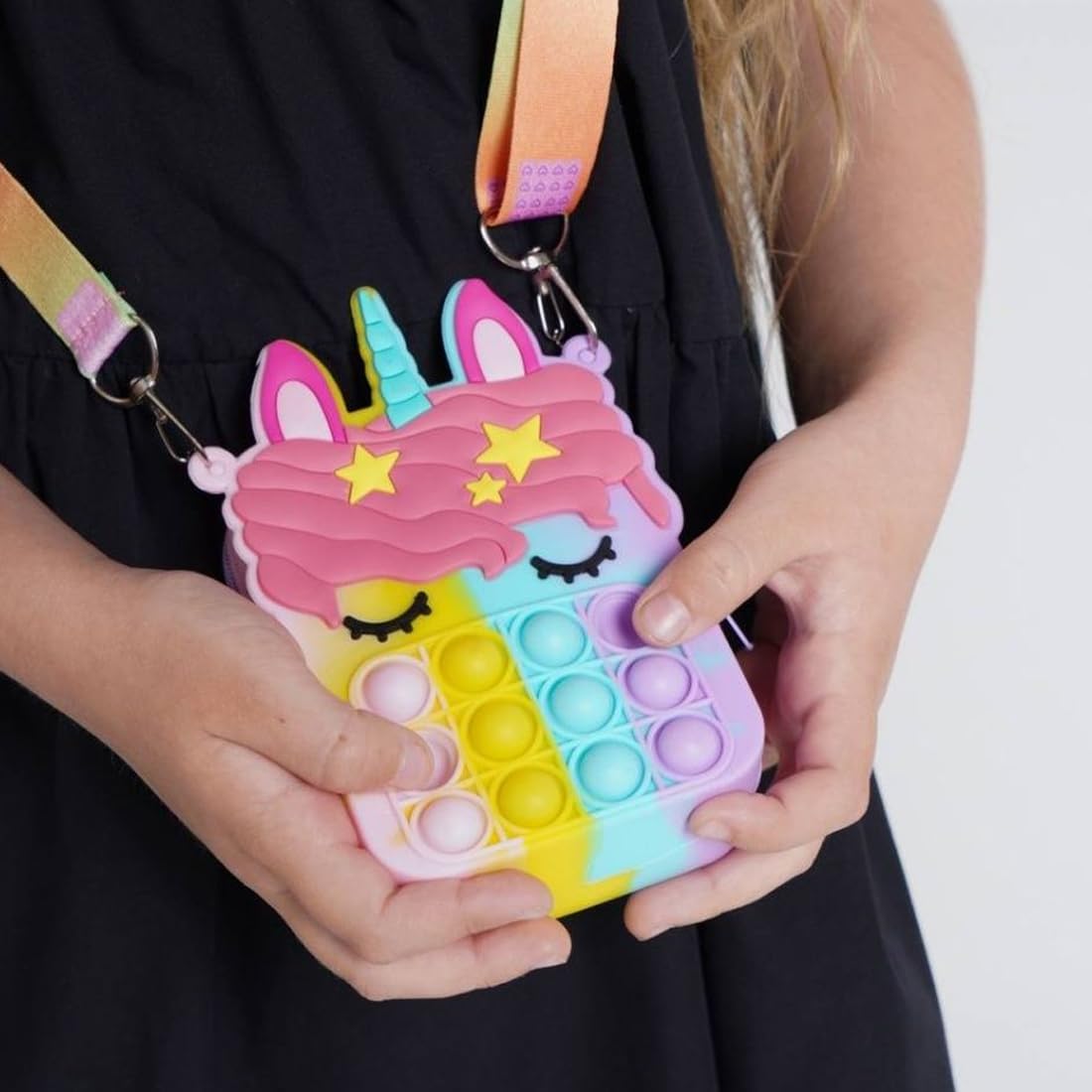 TNSRAY Unicorn Pop It Fidget Bag - 2 in 1 Pop Bubble Push Toy with Adjustable Silicone Shoulder Strap, Sensory Stress Relief Gift for Kids Ages 5-8 - Perfect for Travel, School & Anxiety Relief