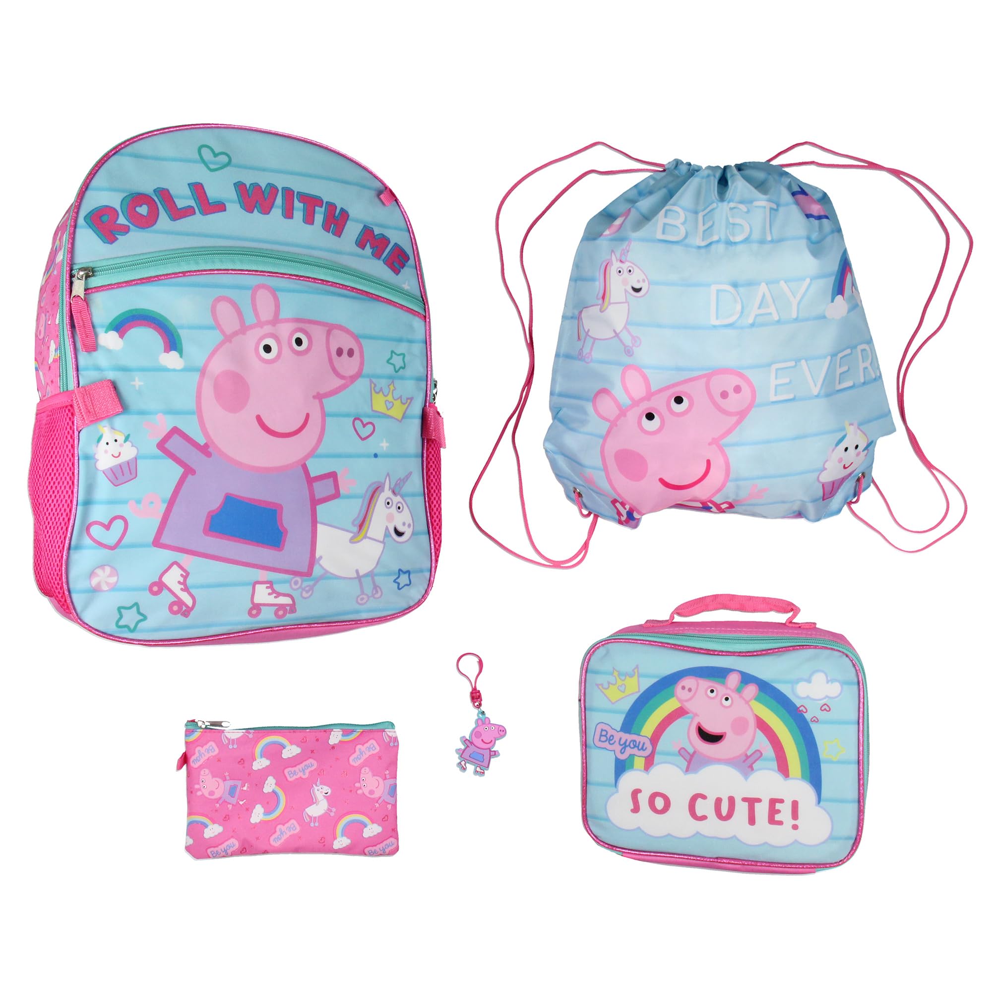 Peppa Pig Backpack Set for Kids - School & Travel Backpack with Lunch Box, Drawstring Bag, Pencil Case & Keychain | Durable & Cute Backpack for Girls & Boys | Perfect for Preschool, Kindergarten & Day Trips