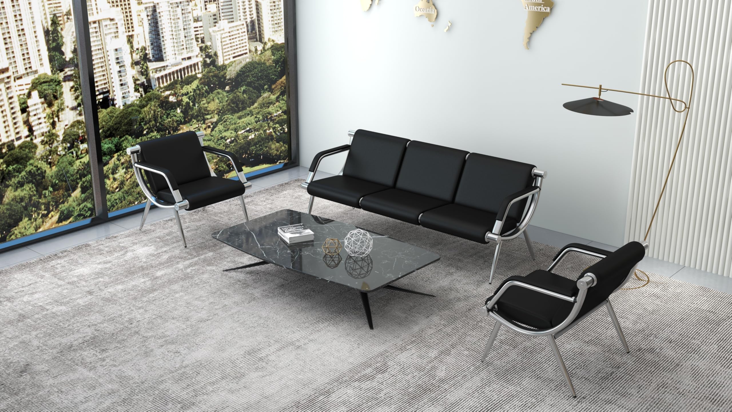 Kinsuite 3-Seat Office Reception Waiting Room Sofa - Black PU Leather Guest Chairs for Salon, Barber Shop, Airport, Bank Lobby & Visitor Areas - Perfect for Professional Waiting Rooms & Reception Areas