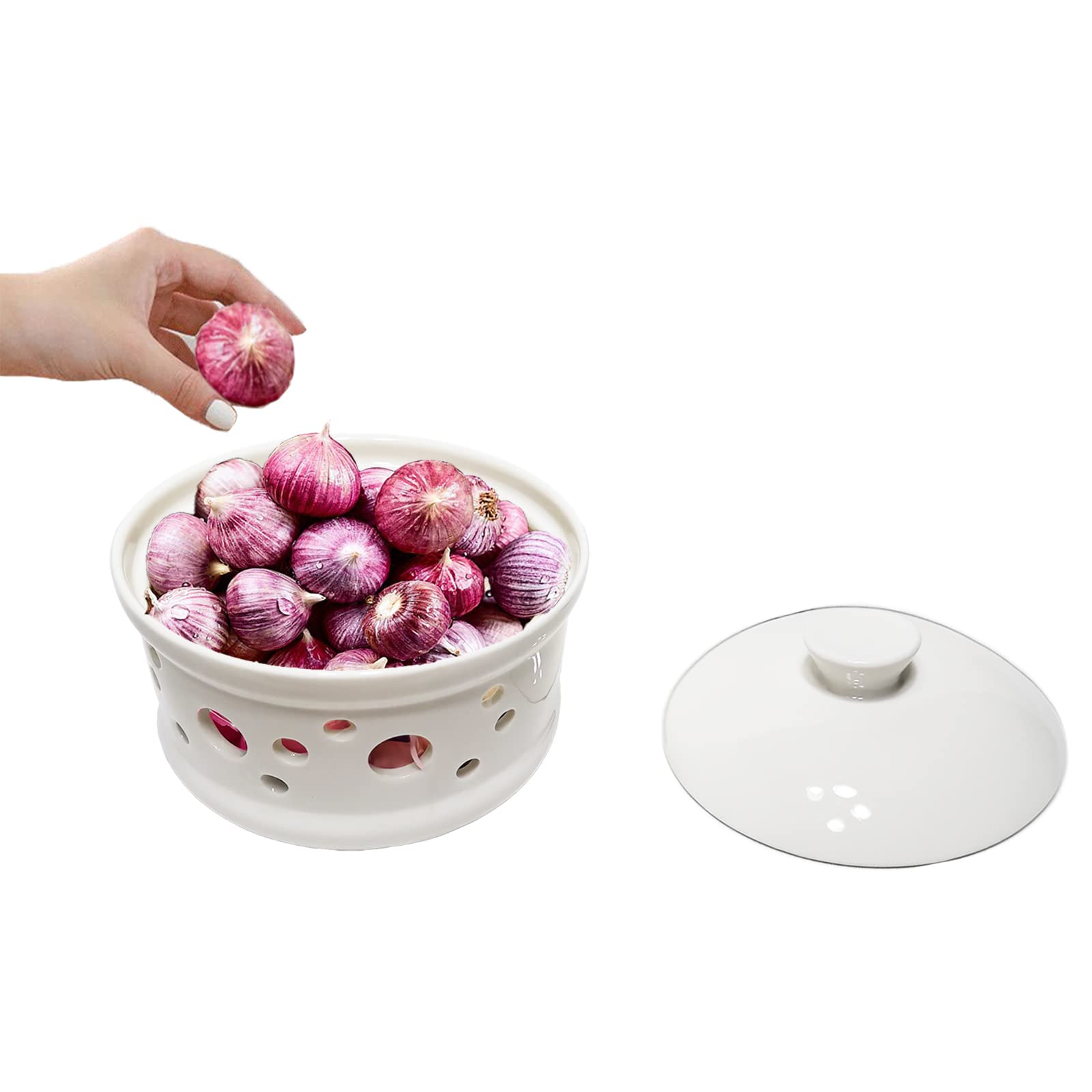 Ceramic Garlic Keeper with Lid - Airtight Garlic Storage Container for Kitchen Countertop | Fresh Garlic Preserver for Home, Restaurant & Cooking Use