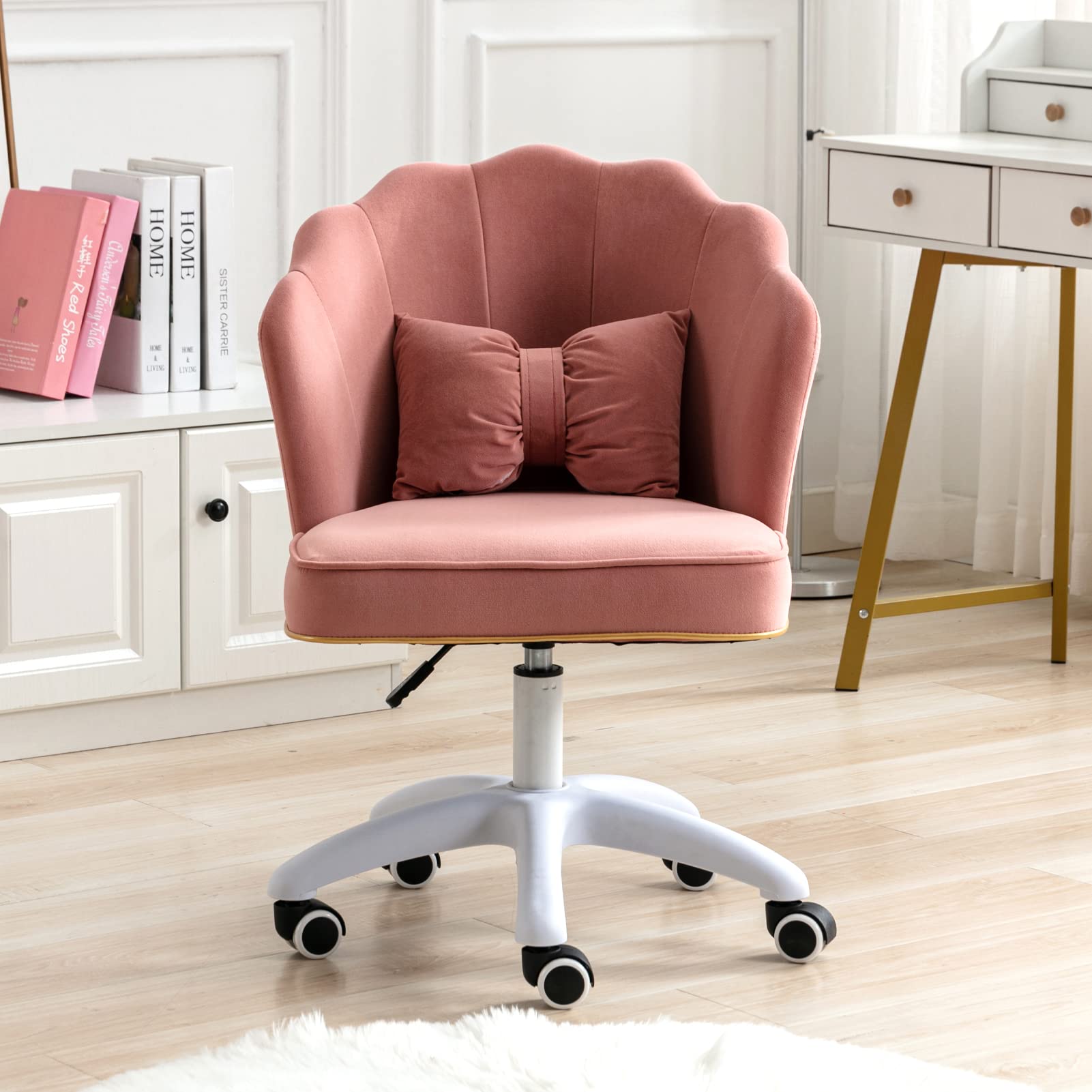 Modern Fabric Office Chair with 360° Swivel & Height Adjustment - Pink Upholstered Vanity Accent Chair with Pillow - Ergonomic Desk Chair for Home Office, Study Room, or Makeup Dressing Table