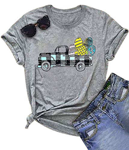 Funny Easter Eggs Plaid Printed Women's Short Sleeve T-Shirt - Cute Casual Graphic Tee with Truck Design for Spring Outfits & Easter Celebrations