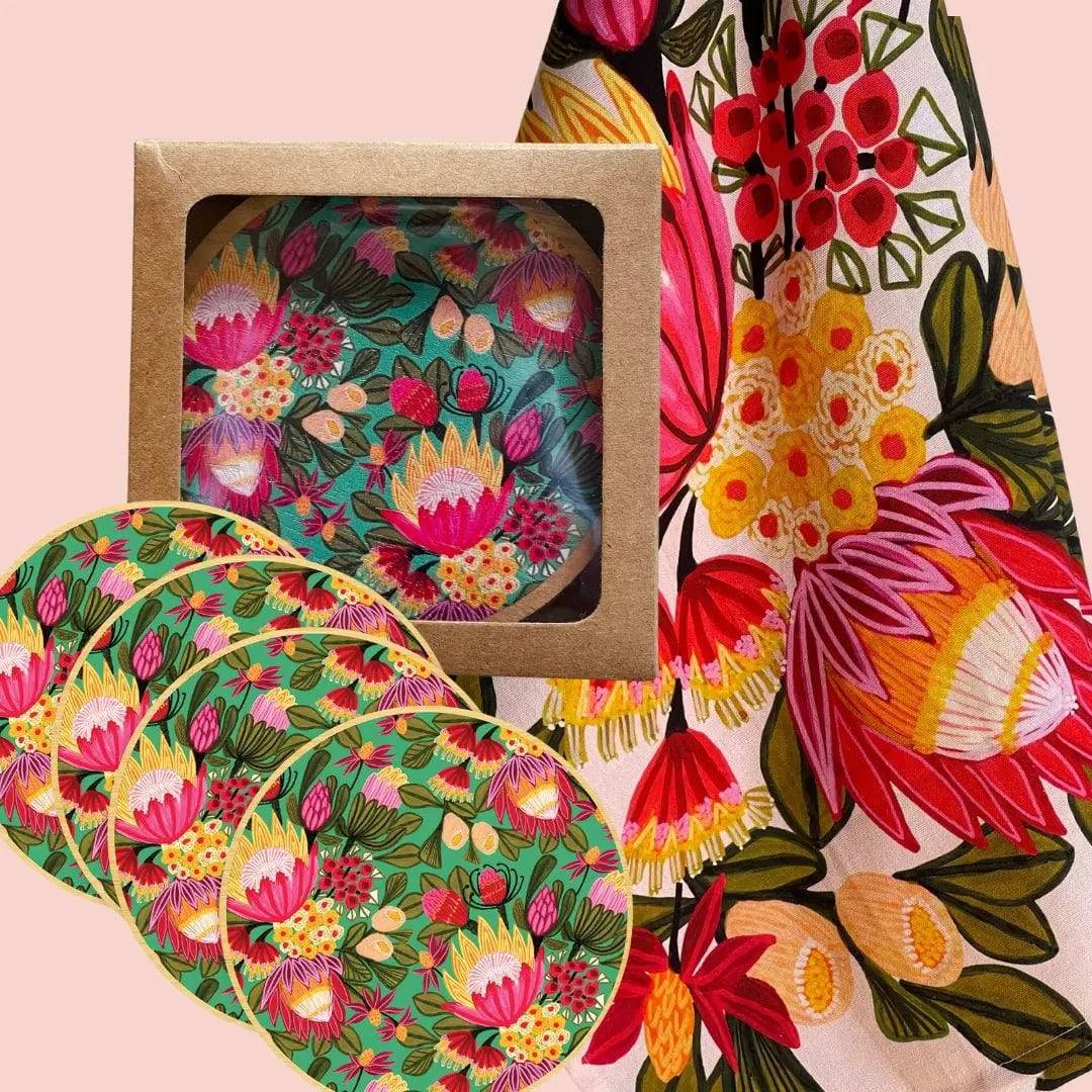 Festive Proteas Tea Towel & Australian Wooden Coaster Gift Set - Perfect for Kitchen Decor, Housewarming Gifts & Holiday Present Ideas