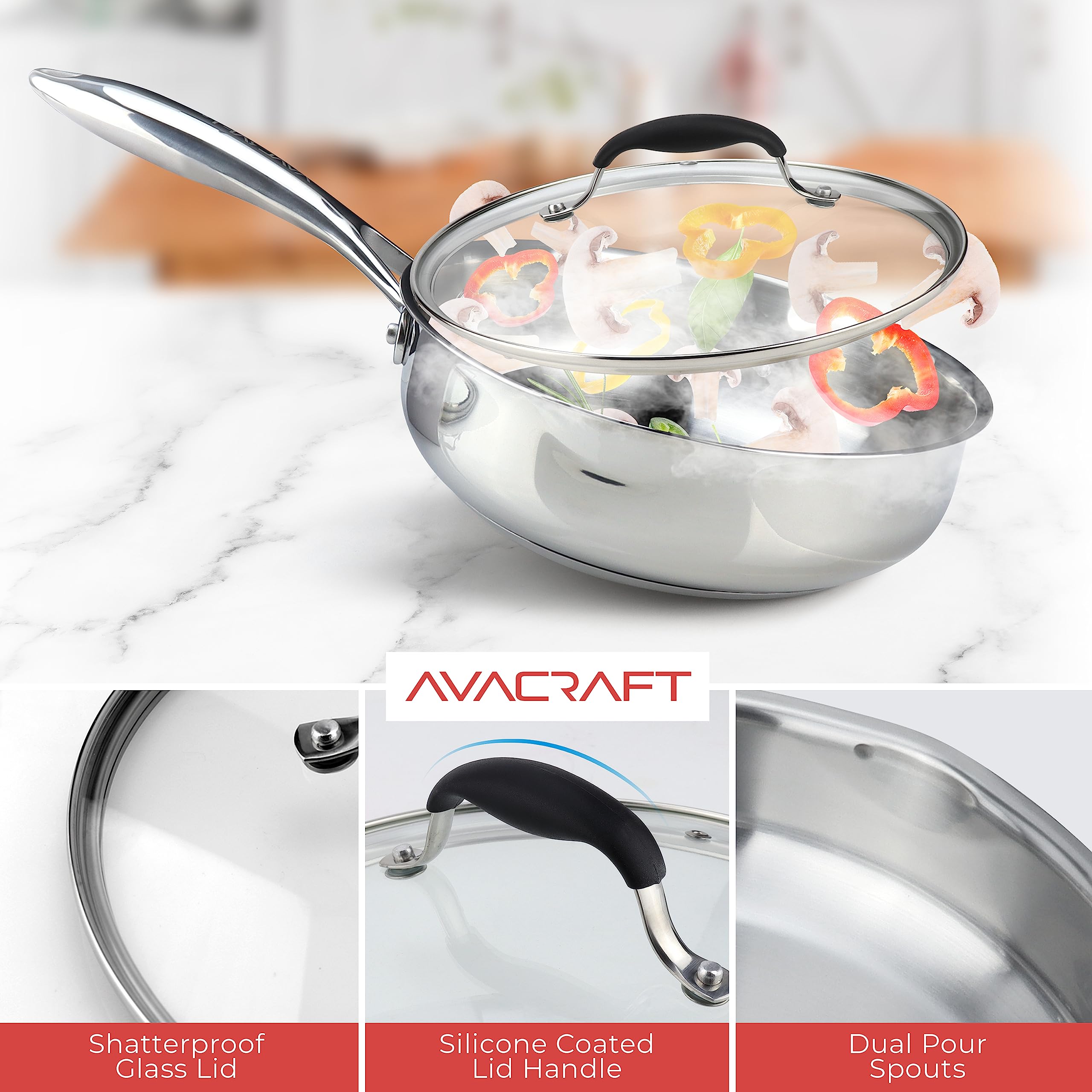 AVACRAFT 18/10 Stainless Steel 8-Inch Frying Pan with Lid - Induction Compatible Skillet with Side Spouts - Non-Toxic & Durable Cookware for Sauteing, Frying & Simmering - Perfect for Home Kitchen & Professional Use