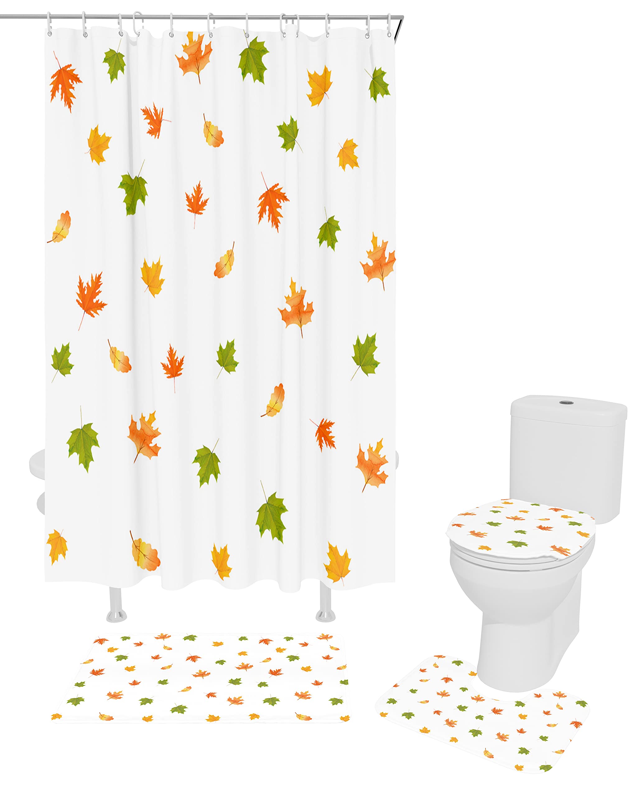 4PCS Fall Harvest Thanksgiving Shower Curtain Set - Orange Autumn Leaf Bathroom Decor with 72x72in Shower Curtain, Bath Mat & Toilet Lid Cover | Seasonal Bathroom Accessories for Cozy Autumn Home Decor