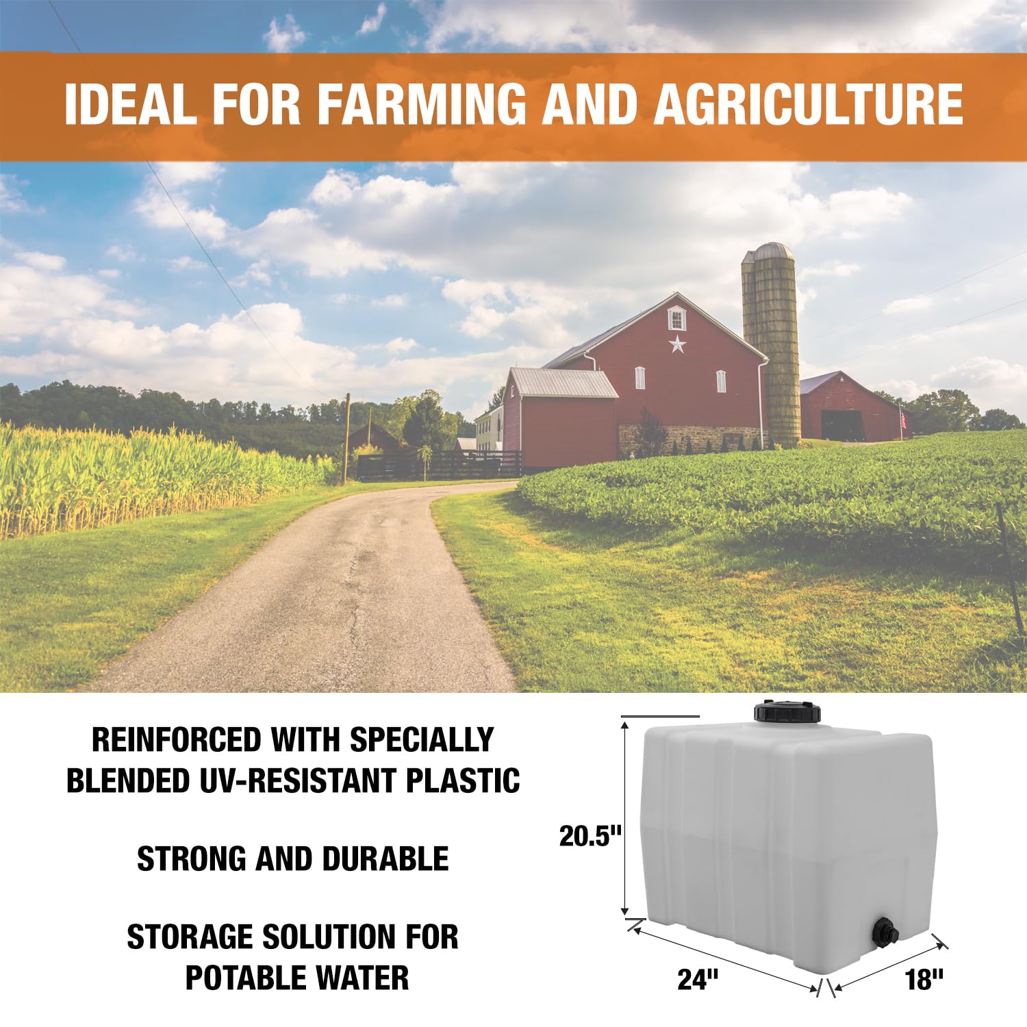 RomoTech 82123909 30-Gallon Horizontal Square Water Storage Tank - USA-Made Polyethylene Reservoir for Water & Non-Flammable Liquids | Rustproof & Corrosion-Resistant | Ideal for Agriculture, Industrial & Home Water Storage
