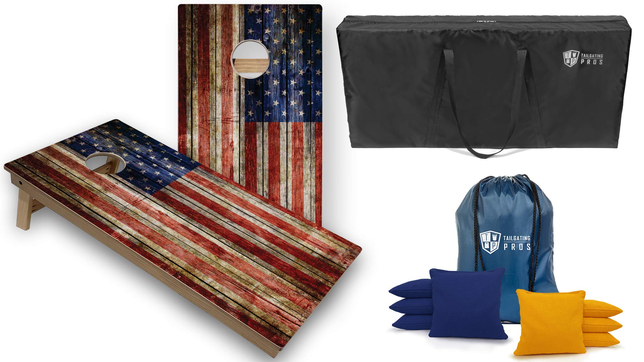 Premium Tournament-Grade Cornhole Game Set - 2 Professional 4'x2' Regulation Baltic Birch Boards with Rustic Flag Design, Carrying Case & 8 All-Weather Bags (LED Light Option) - Perfect for Backyard Parties, Tailgating Events & Outdoor Family Gatherings