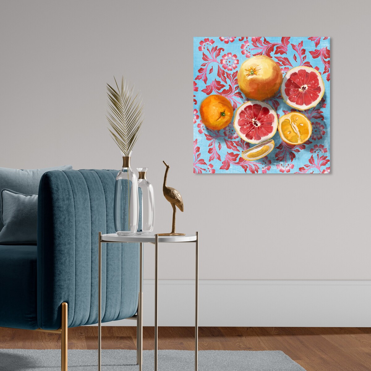 Tropical Citrus Still Life Blue Canvas Wall Art Print - Kitchen & Cabin Decor - Perfect for Farmhouse, Lodge, and Rustic Home Decor