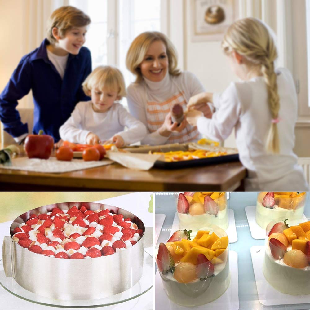 Adjustable Stainless Steel Cake Mould Ring 6.5-12 Inch for Mousse Cake Baking - Includes 5.5 x 394 Inch Clear Cake Collar Strips & Acetate Sheets for Cake Rolls, Mousse, and Dessert Decorations - Perfect for Home Bakers and Professional Pastry Chefs