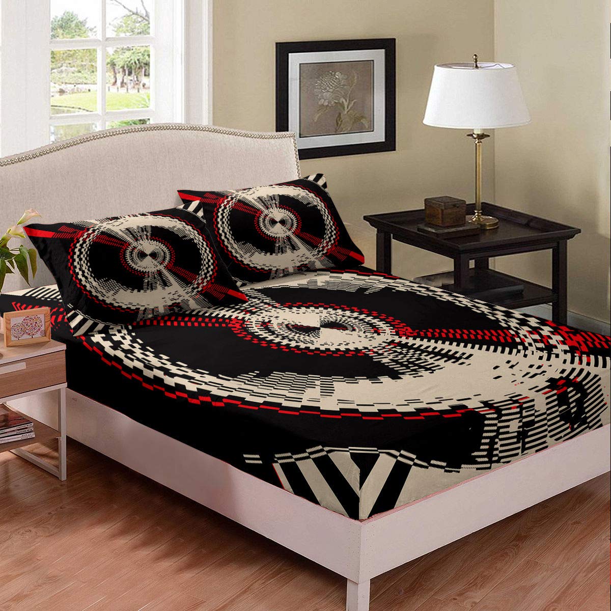 Erosebridal Music Themed Queen Size Bedding Set - Red & Yellow Abstract Disc Print Fitted Sheet with 2 Pillowcases | Breathable Cotton Bed Cover for Music Lovers' Bedroom Decor