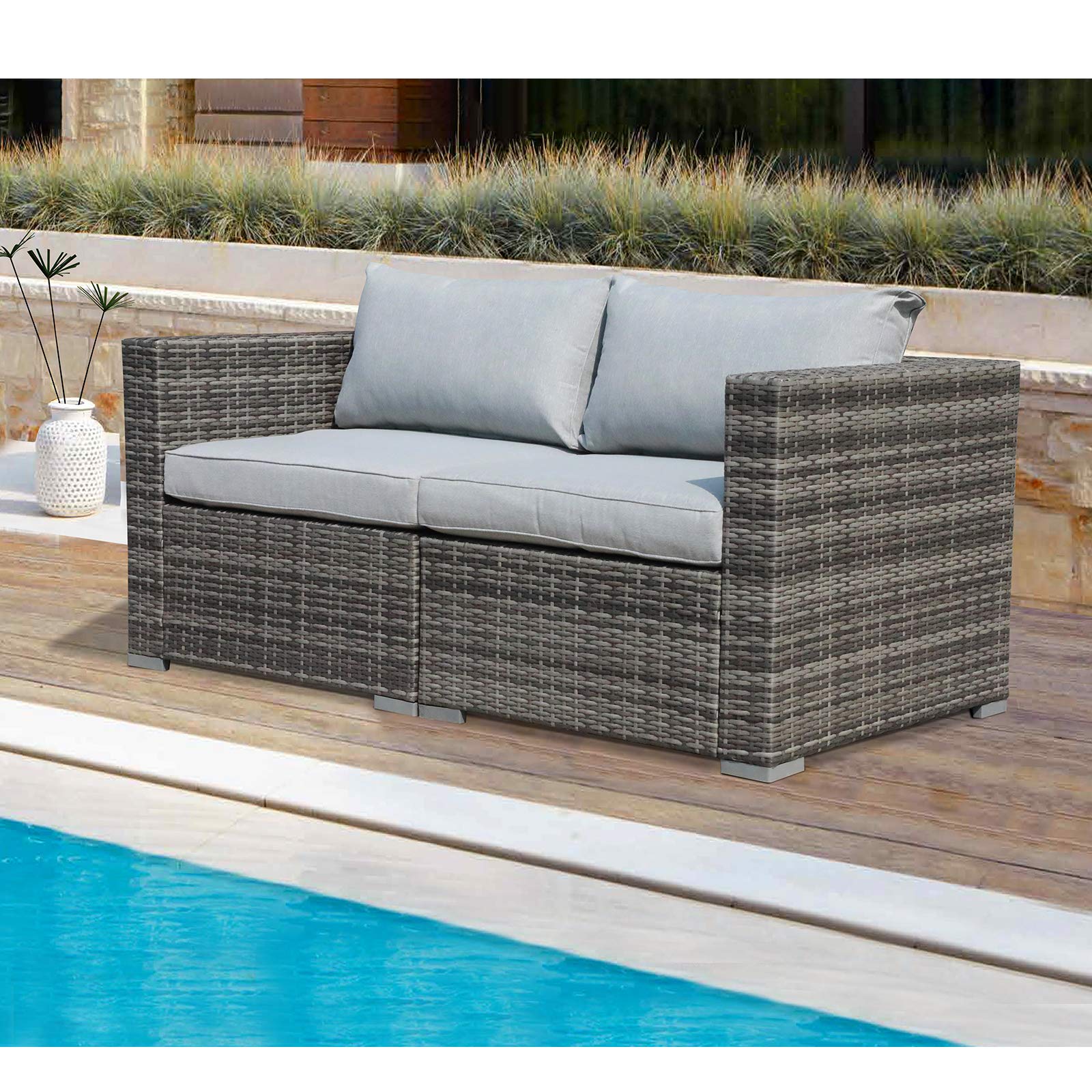 All-Weather Grey PE Rattan Outdoor Loveseat Set - 2-Piece Wicker Sectional Sofa with Light Grey Cushions | Patiorama Corner Sofa for Patio, Garden & Poolside Relaxation