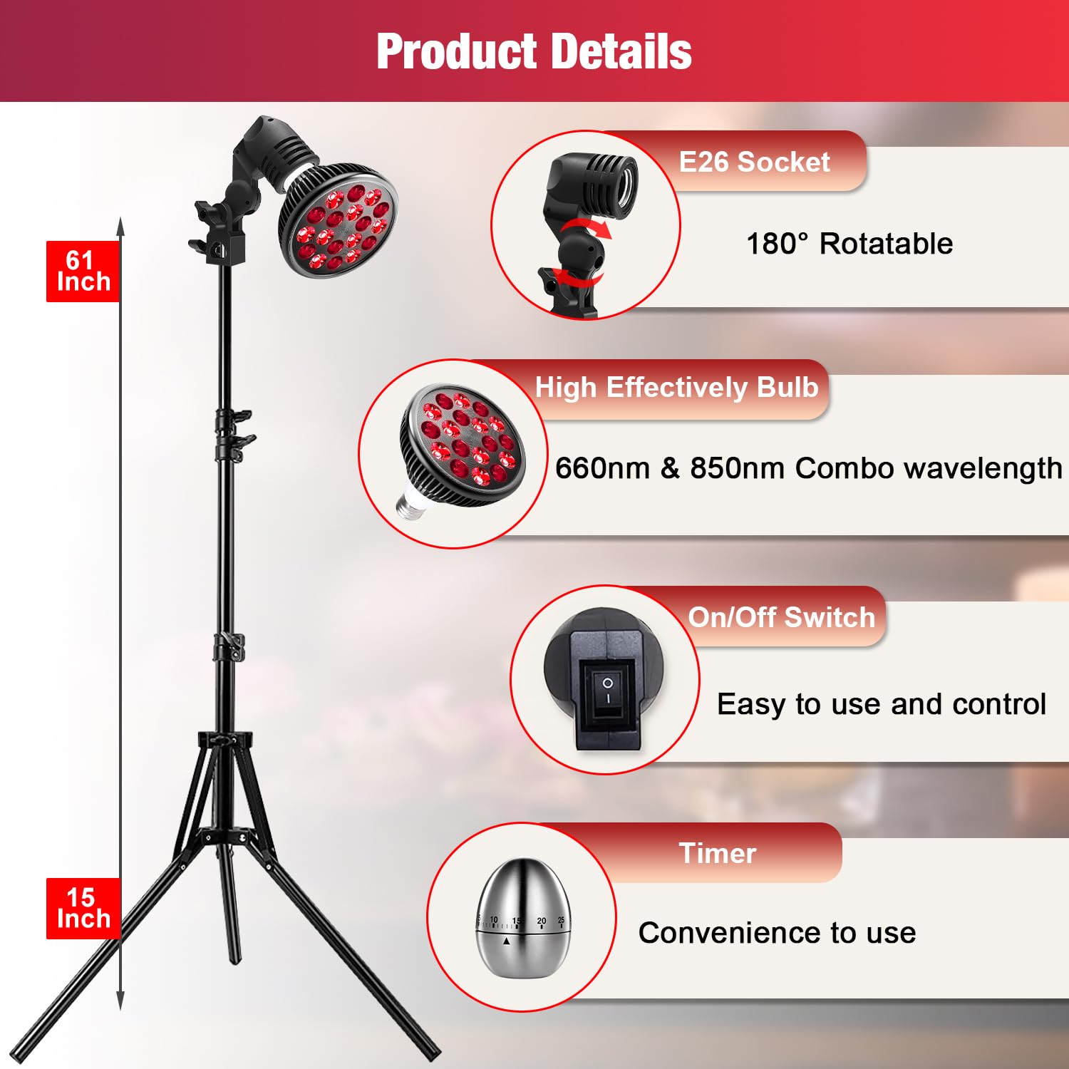 Red Light Therapy Lamp for Body and Face - 660nm Red & 850nm Near Infrared Light Combo - 36W LED Therapy Device with Adjustable Stand (15-61in) - Perfect for Pain Relief, Skin Rejuvenation & Muscle Recovery at Home