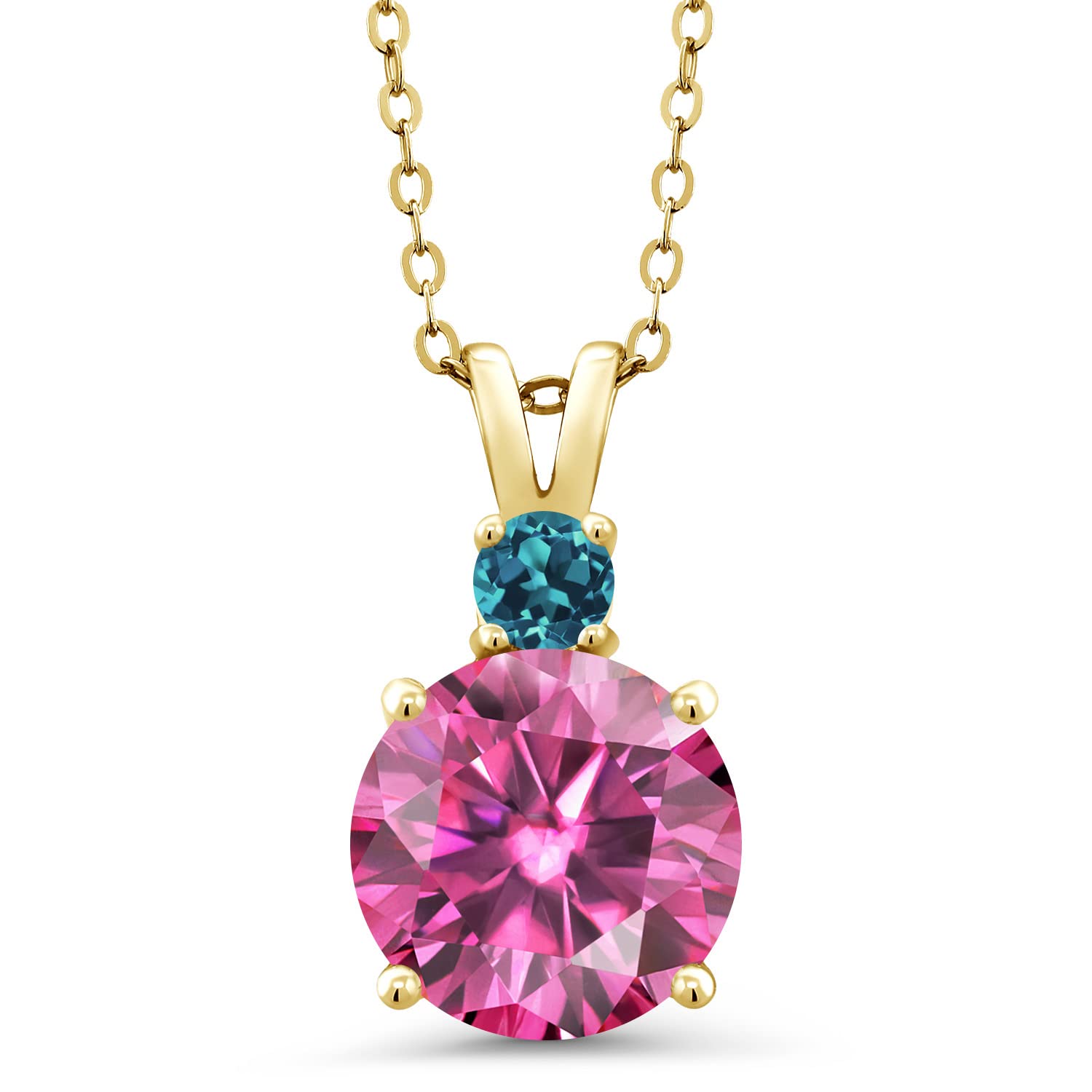 18K Yellow Gold Plated Silver Pendant Necklace with Round Pink Moissanite & London Blue Topaz (3.65 CTTW) - Elegant Jewelry Gift for Women, Perfect for Weddings, Anniversaries & Special Occasions