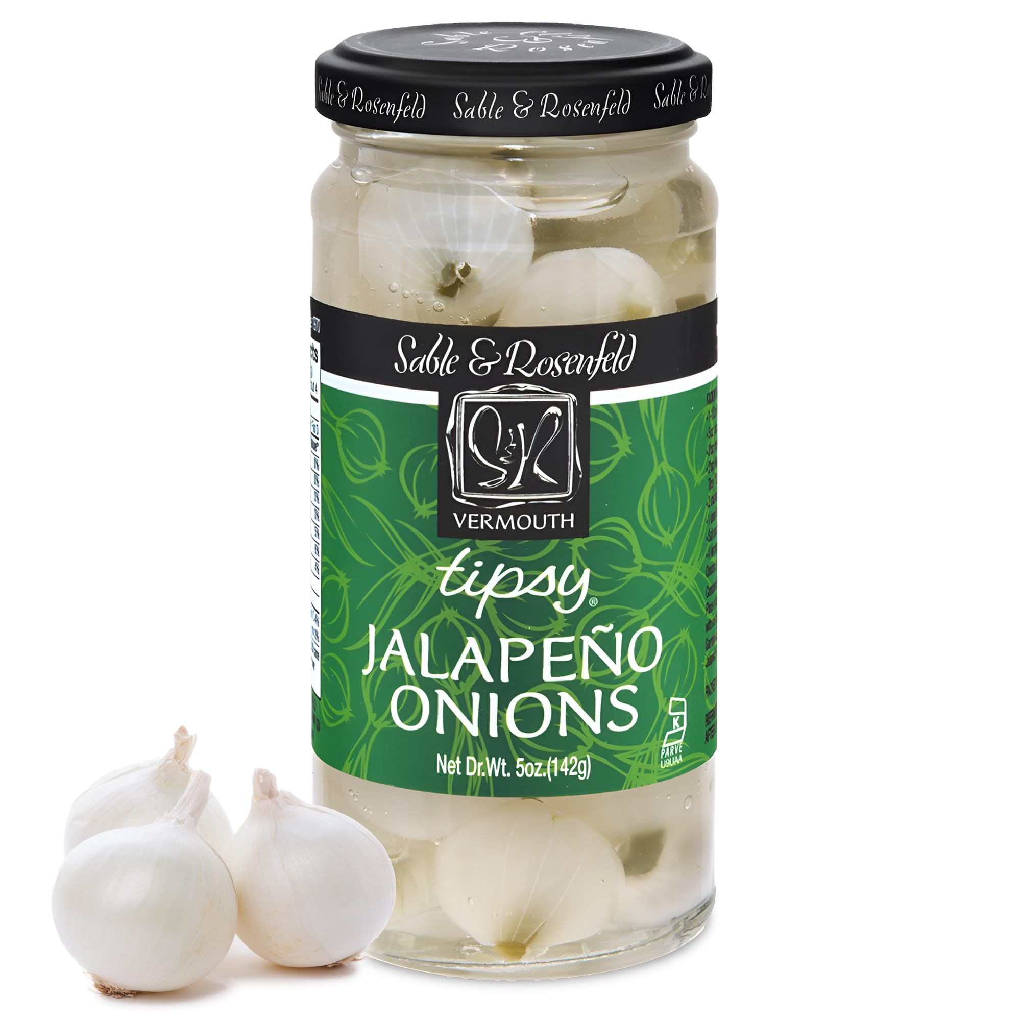 Tipsy Stuffed Jalapeno Cocktail Onions in Jar with French Vermouth - Gourmet Pickled Silverskin Onions for Martinis, Bloody Marys & Charcuterie Boards - Perfect for Cocktail Parties & Upscale Appetizers - Sable & Rosenfeld - 5 oz (Pack of 1)