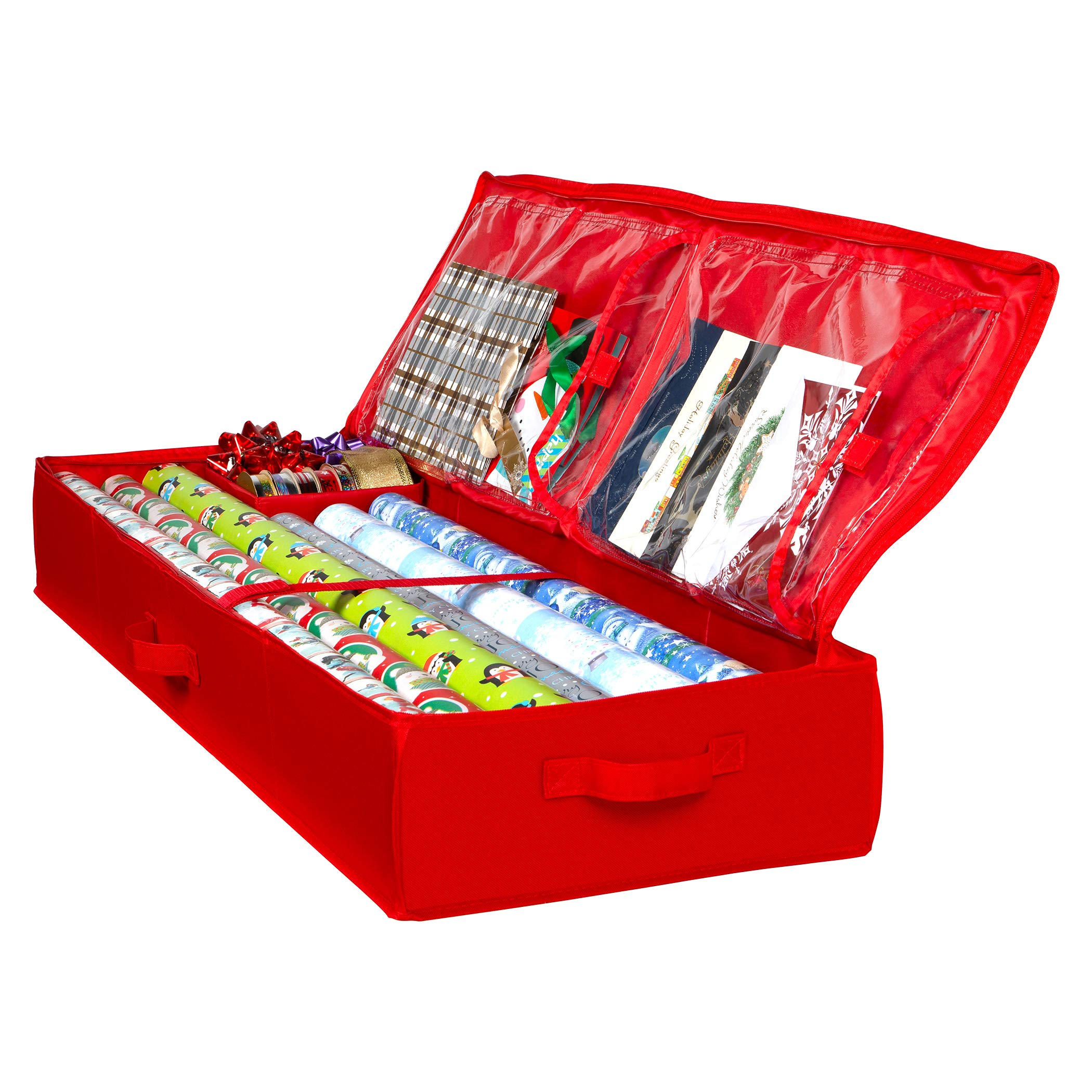 Underbed Wrapping Paper Storage Container - Holds 27 Rolls (1 3/8” Diameter) & 40” Length - 600D Fabric Gift Wrap Organizer for Rolls, Ribbons, Bows - Perfect for Holiday Gift Wrapping & Craft Room Organization