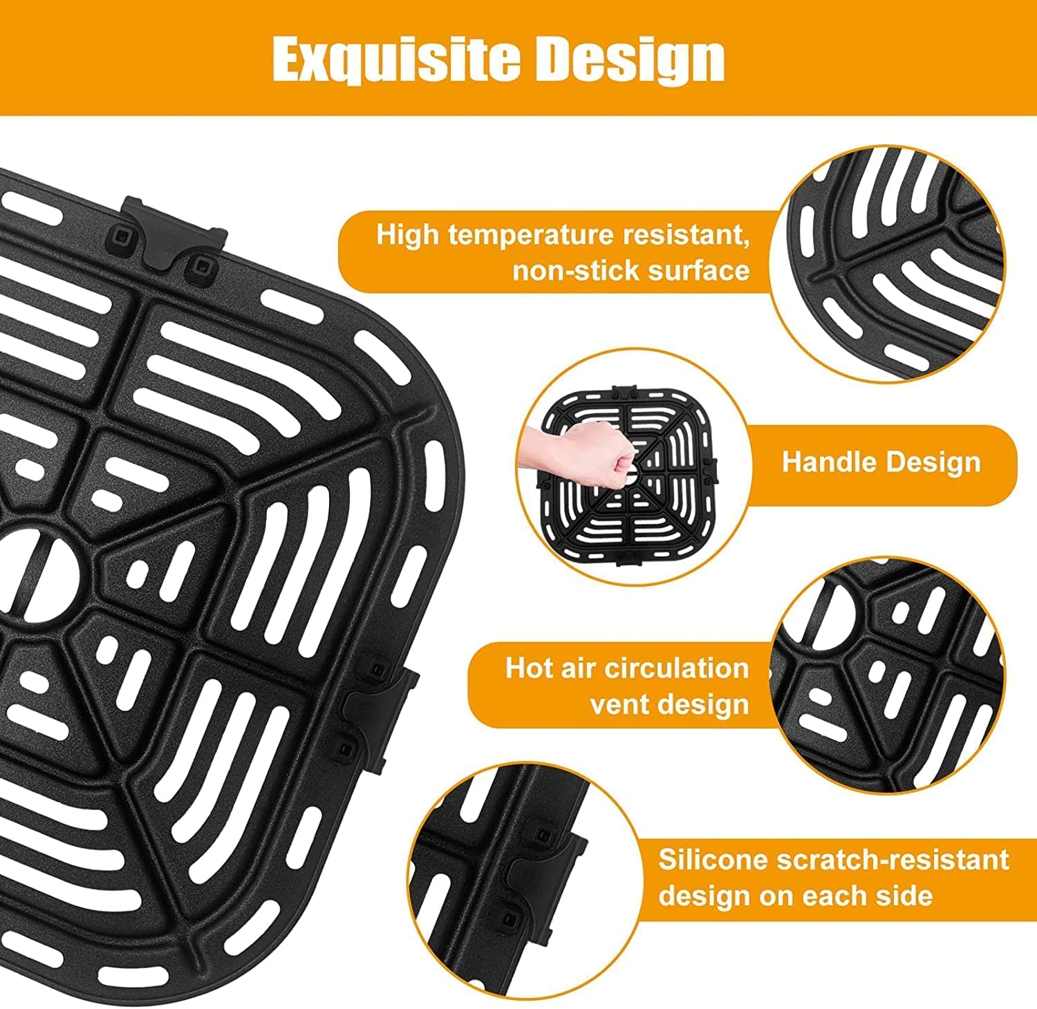 COSORI Square Air Fryer Pro LE 5 Qt Replacement Grill Pan - 8.26’’ Non-Stick Crisper Plate with Rubber Bumpers, Dishwasher Safe - Perfect for Grilling, Roasting & Air Frying Chicken, Vegetables & More