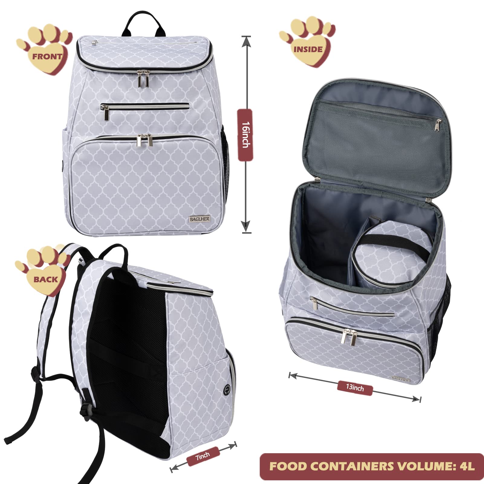 BAGLHER Airline Approved Pet Travel Backpack for Dogs - Waterproof Dog Carrier with 2 Collapsible Bowls & Food Containers - Perfect for Air Travel, Hiking, and Outdoor Adventures (DL White)