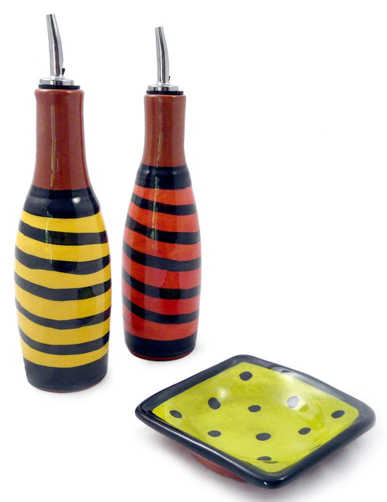 Handmade Terra Cotta Oil and Vinegar Set - 2 Ceramic Cruet Bottles with Dipping Dish, Multicolor Swirl Design | Perfect for Italian Restaurants, Gourmet Kitchens & Olive Oil Tasting Events