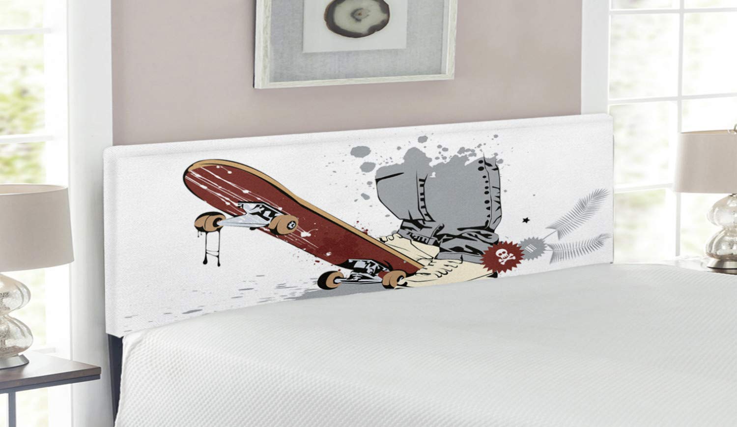 Ambesonne Upholstered Queen Size Headboard with Memory Foam - Skateboard Teen Boy Design in Sneakers & Jeans - Brown Cream Decorative Metal Bed Headboard for Teen Room Decor | Perfect for Boys' Bedroom, Dormitory or Skateboard Enthusiast's Space