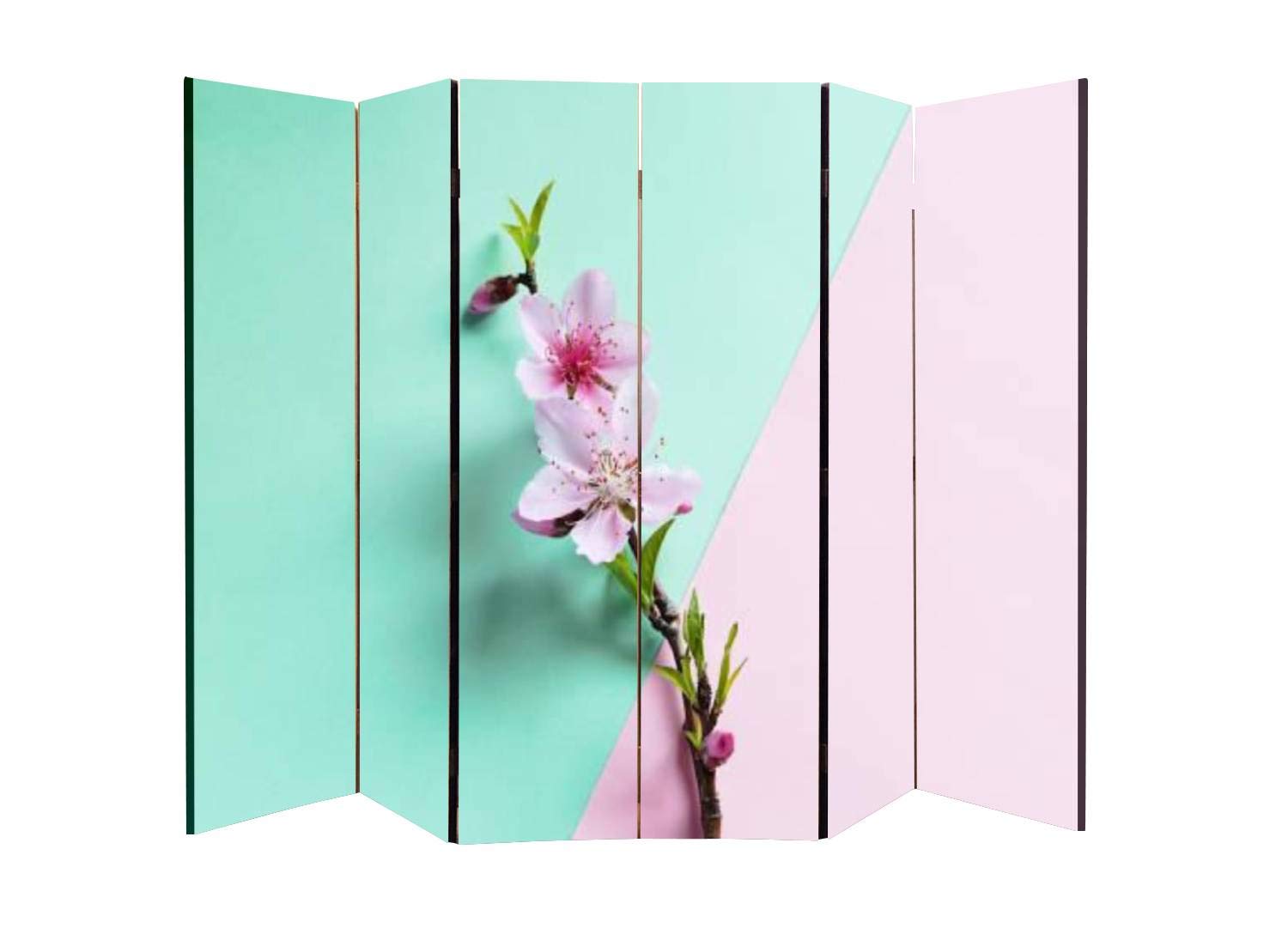 6-Panel Wooden Room Divider with Blossom Peach Branch Design - Pink & Green Canvas Folding Privacy Screen, Dual-Sided Wall Partition for Home Decor, Office Space Divider | Perfect for Living Rooms, Bedrooms & Studio Spaces