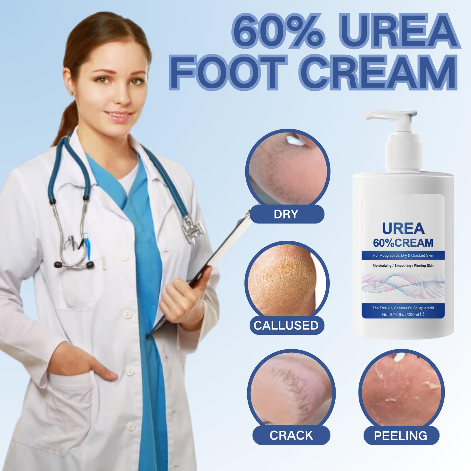 60% Urea Foot Cream for Cracked Heels & Dry Skin - 200ml Moisturizing Hand & Foot Repair Treatment - Intense Hydration for Rough, Calloused Feet - Perfect for Daily Foot Care & Pedicure Prep