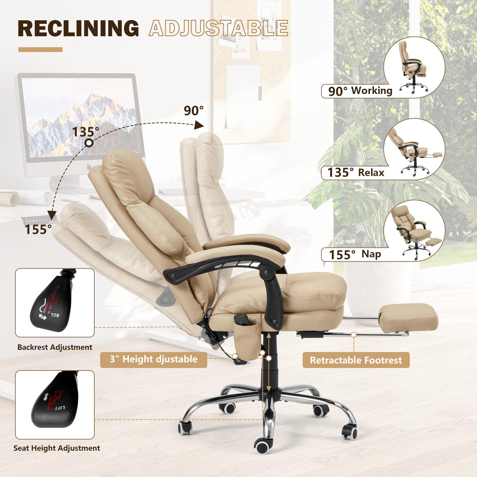 HOMREST Ergonomic Office Chair with 6-Point Massage & Heating, Adjustable Executive Desk Chair with Footrest - PU Leather Home Office Chair for Back Pain Relief, Perfect for Work from Home & Office Use (Khaki)