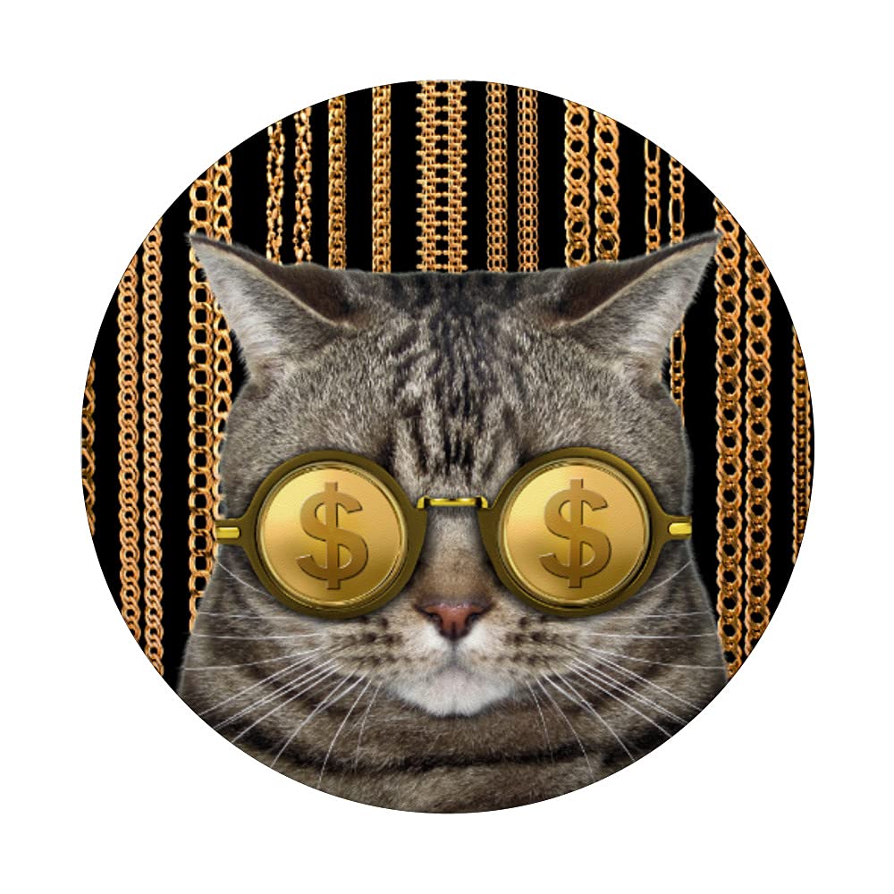 Lucky Money Cat Gold Plated PopSocket with Bling Chains - Swappable PopGrip for Phone & Tablet - Perfect for Good Fortune & Stylish Phone Accessories
