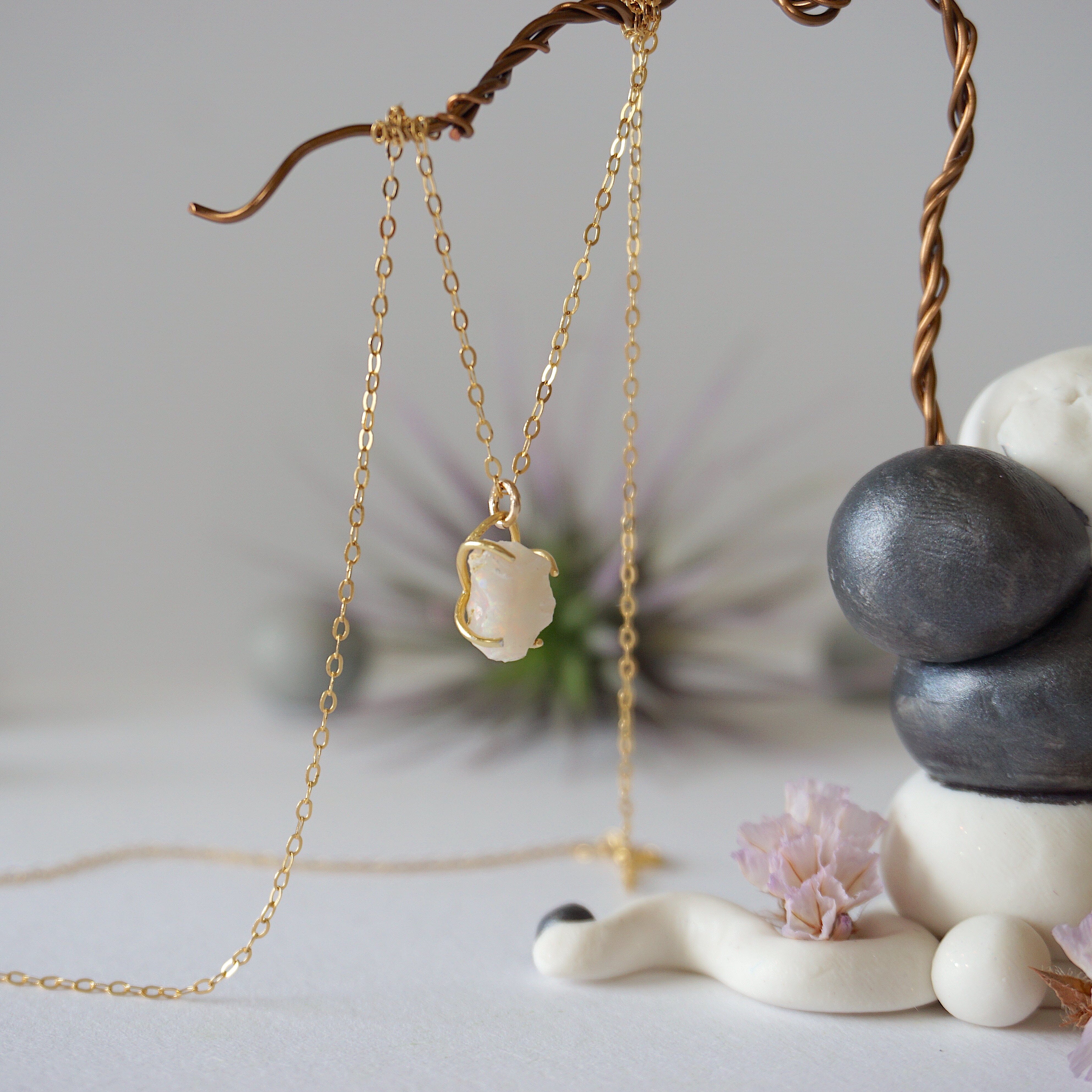 14K Gold Filled Raw Opal Huggie Charm Necklace - Elegant Dainty Jewelry for Women, Perfect for Everyday Wear, Gift Giving & Special Occasions