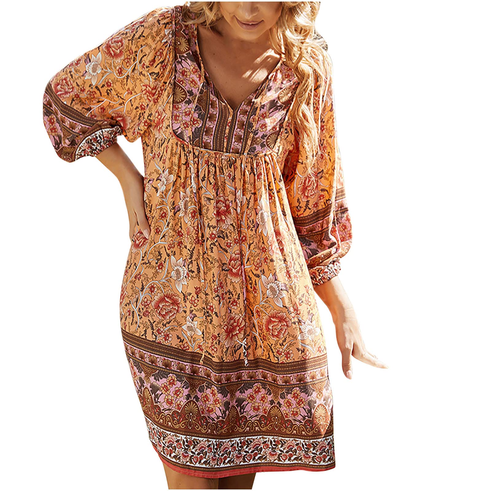 Women's Summer Sundress 2023 - Bohemian V-Neck Flowy 3/4 Sleeve Printed Mini Dress with Ruffles | Casual Beach Wear, Bridesmaid Dress, Evening Party Outfit