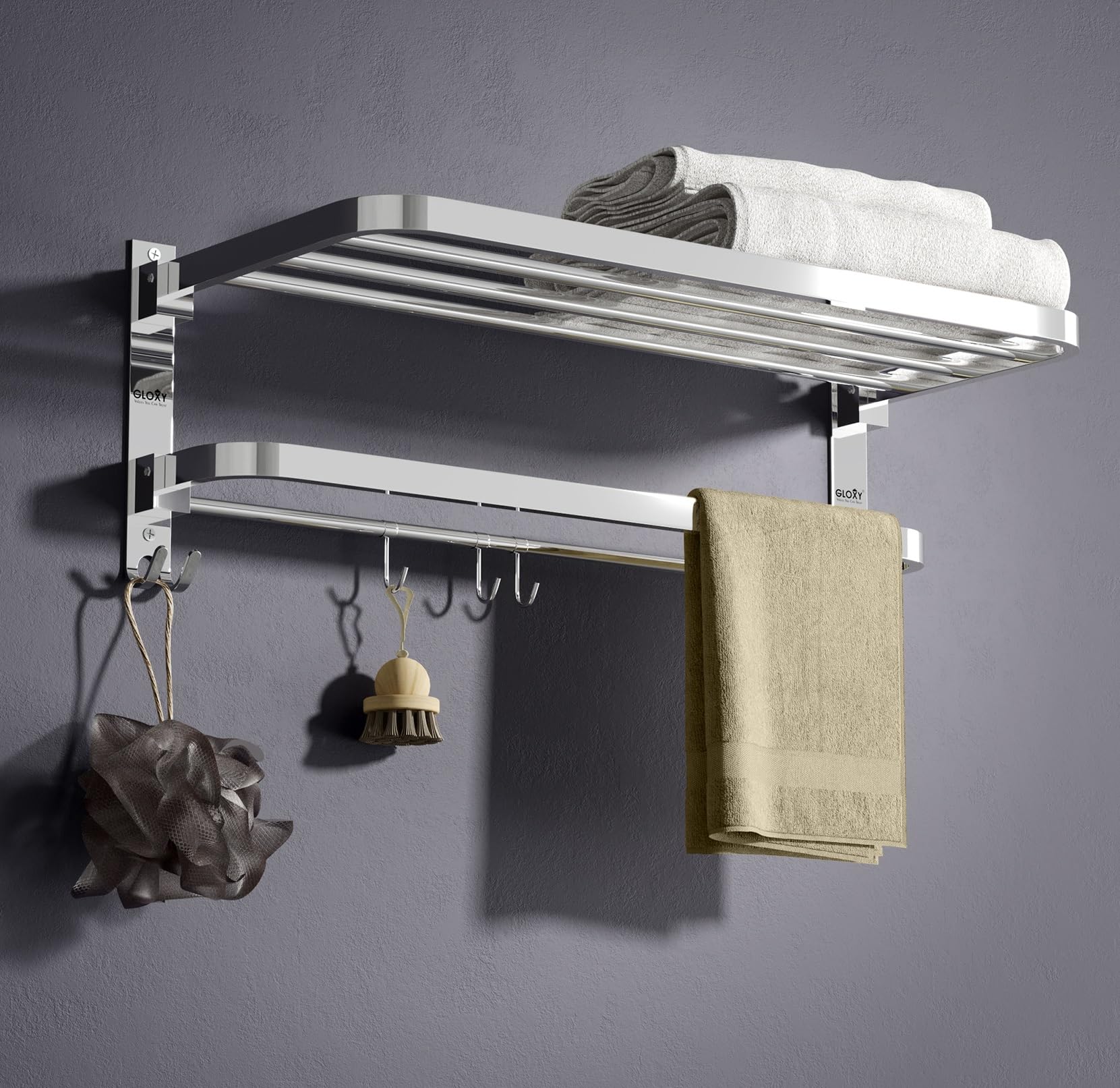 GLOXY 24 Inch Stainless Steel Chrome Mirror Finish Folding Towel Rack - Bathroom Towel Hanger & Stand with Rustproof Design | Perfect for Small Bathrooms, Laundry Rooms & Spa Areas