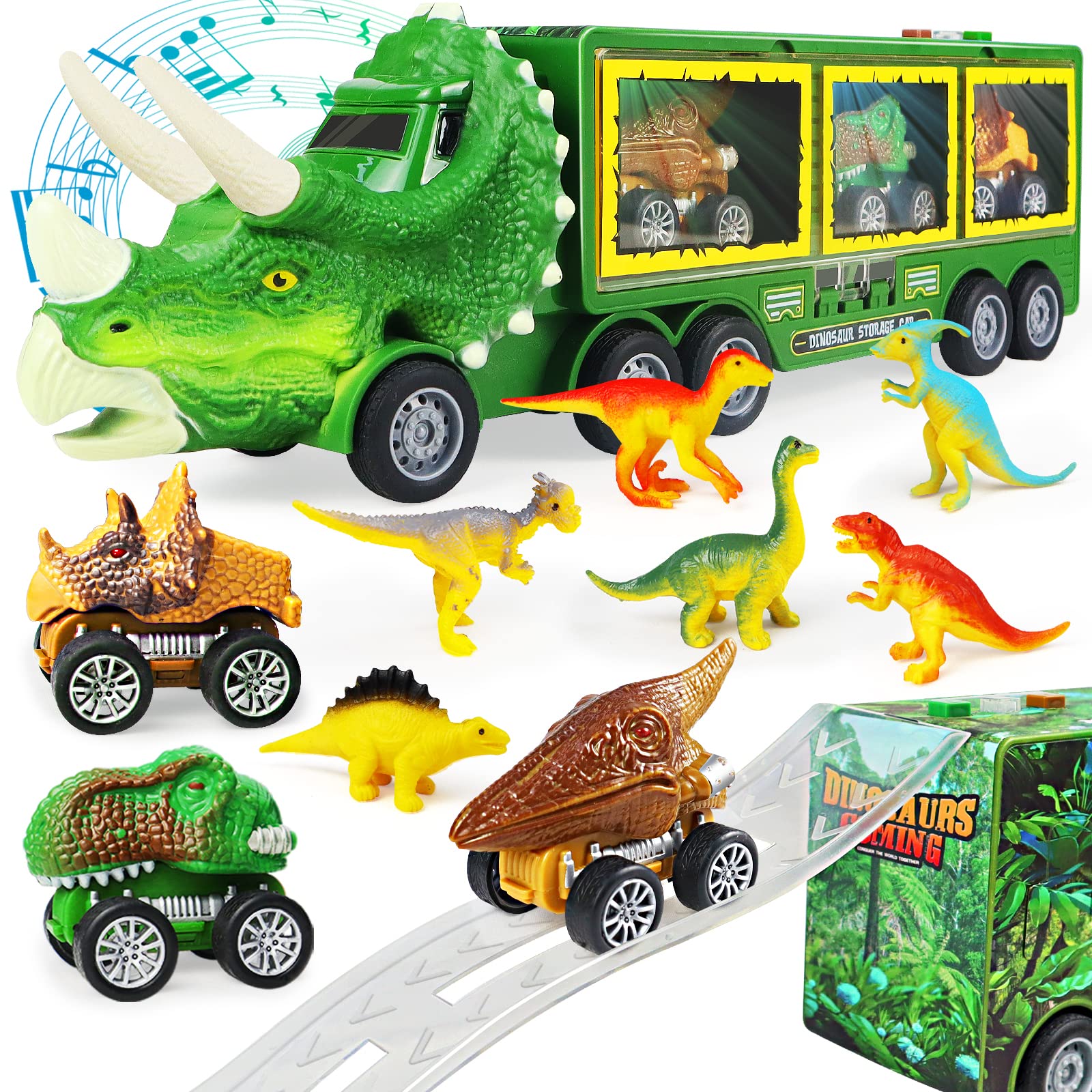 11-in-1 Dinosaur Truck Toy Set with Lights, Music & Roar Sounds - Interactive Dino Playset Includes Toy Truck, Mini Figures & Slide - STEM Learning Toys for Kids Ages 3-7 - Perfect for Birthday Gifts, Pretend Play & Early Childhood Education