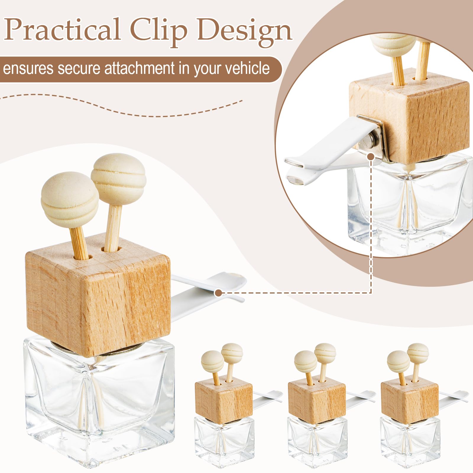 Zubebe 200 Pcs 8ml Empty Glass Car Diffuser Bottles with Wooden Cap & Vent Clip - Essential Oil Air Freshener for Auto, Home & Office - Clear Glass Perfume Diffuser for Aromatherapy & Fragrance Decor