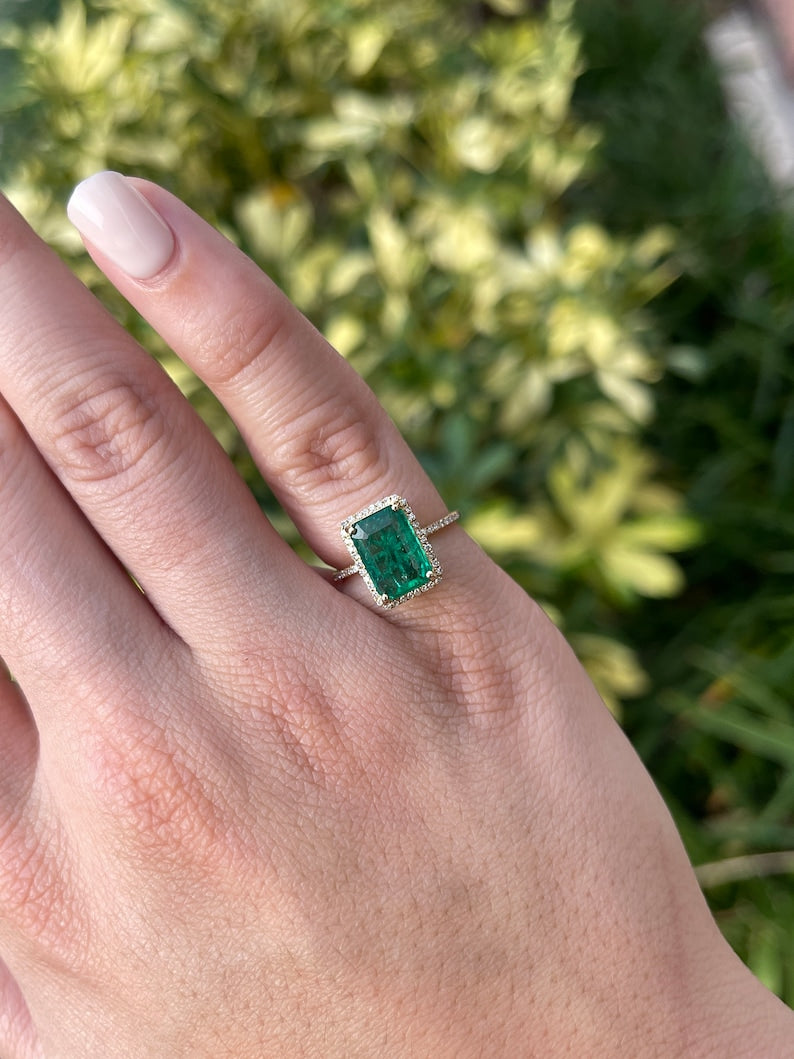 2.95tcw 14K Gold Emerald Cut Green Gemstone & Diamond Halo Floral Right Hand Ring for Women - Perfect for Engagement, Anniversary, or Special Occasion Gift