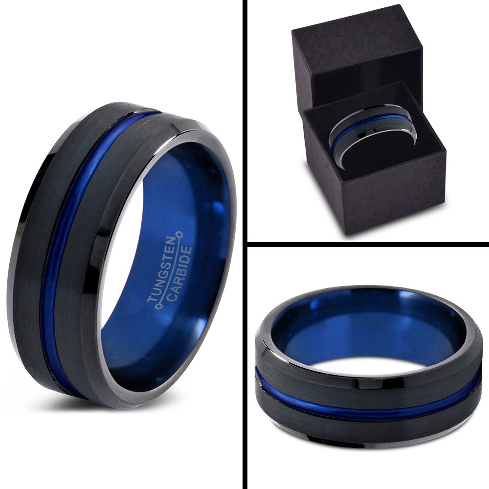 Premium Tungsten Carbide Wedding Band Ring for Men & Women - 8mm Blue Black Center Line, Bevel Edge, Brushed & Polished Finish - Custom Engraved for Anniversaries & Engagements - Perfect for Everyday Wear, Special Occasions & Gift Giving