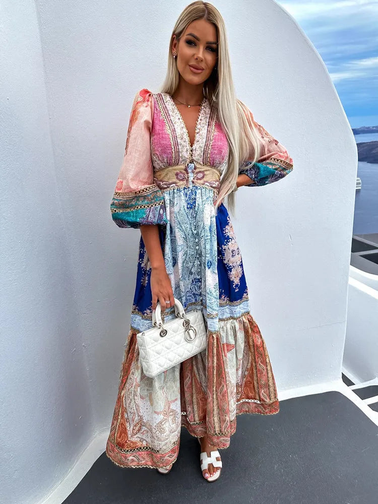 Women's Fashion Puff Sleeve Patchwork Print Midi Dress - Sexy V-Neck High Waist Long Dress for Vacation & Streetwear | Summer Beach Outfit, Date Night Dress, Party Wear