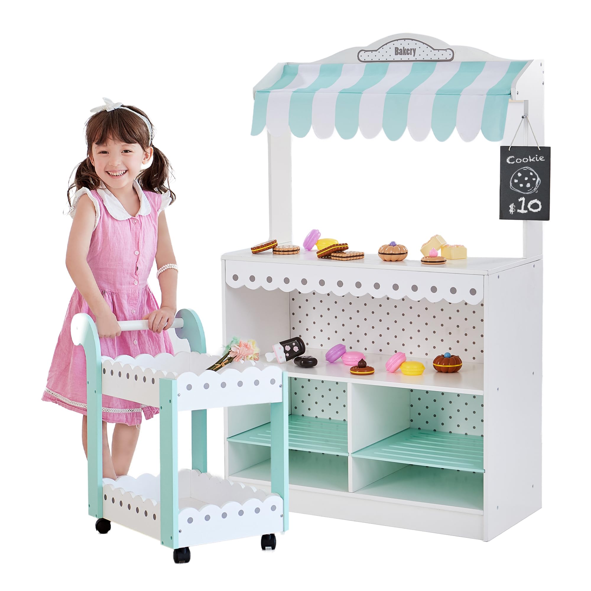 Teamson Kids My Dream Bakery Shop - Interactive Wooden Play Kitchen Set with 18 Pretend Baked Goods, Rolling Pastry Cart & Dessert Stand - White & Mint Green with Gray Polka Dots - Perfect for Pretend Play, Role Playing & Early Childhood Development