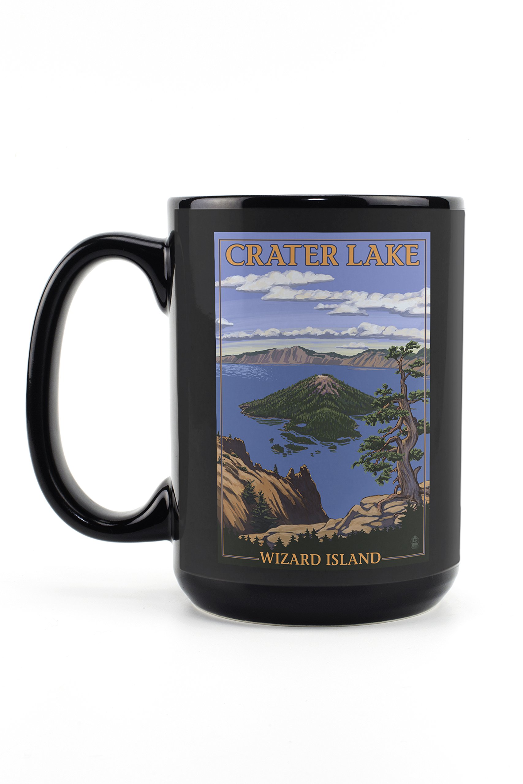 15oz Black Ceramic Coffee Mug with Crater Lake Oregon Wizard Island View - Dishwasher & Microwave Safe - Perfect for Home, Office & Camping Use