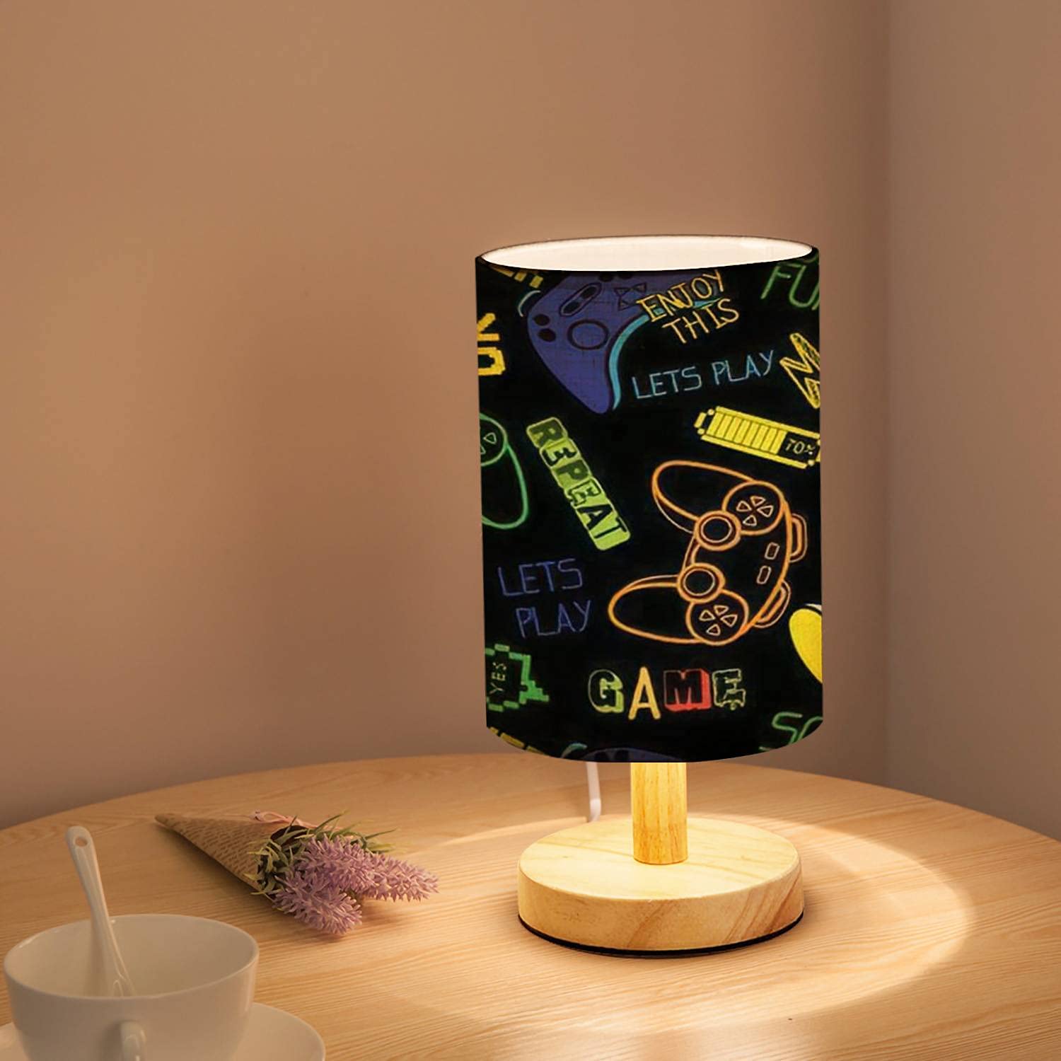 Minimalist Wooden Bedside Table Lamp with Flaxen Fabric Shade - Solid Wood Nightstand Lamp for Bedroom, Living Room, Gaming Room - Cool Joystick Print Design for Boys - Perfect for Reading, Gaming & Home Decor