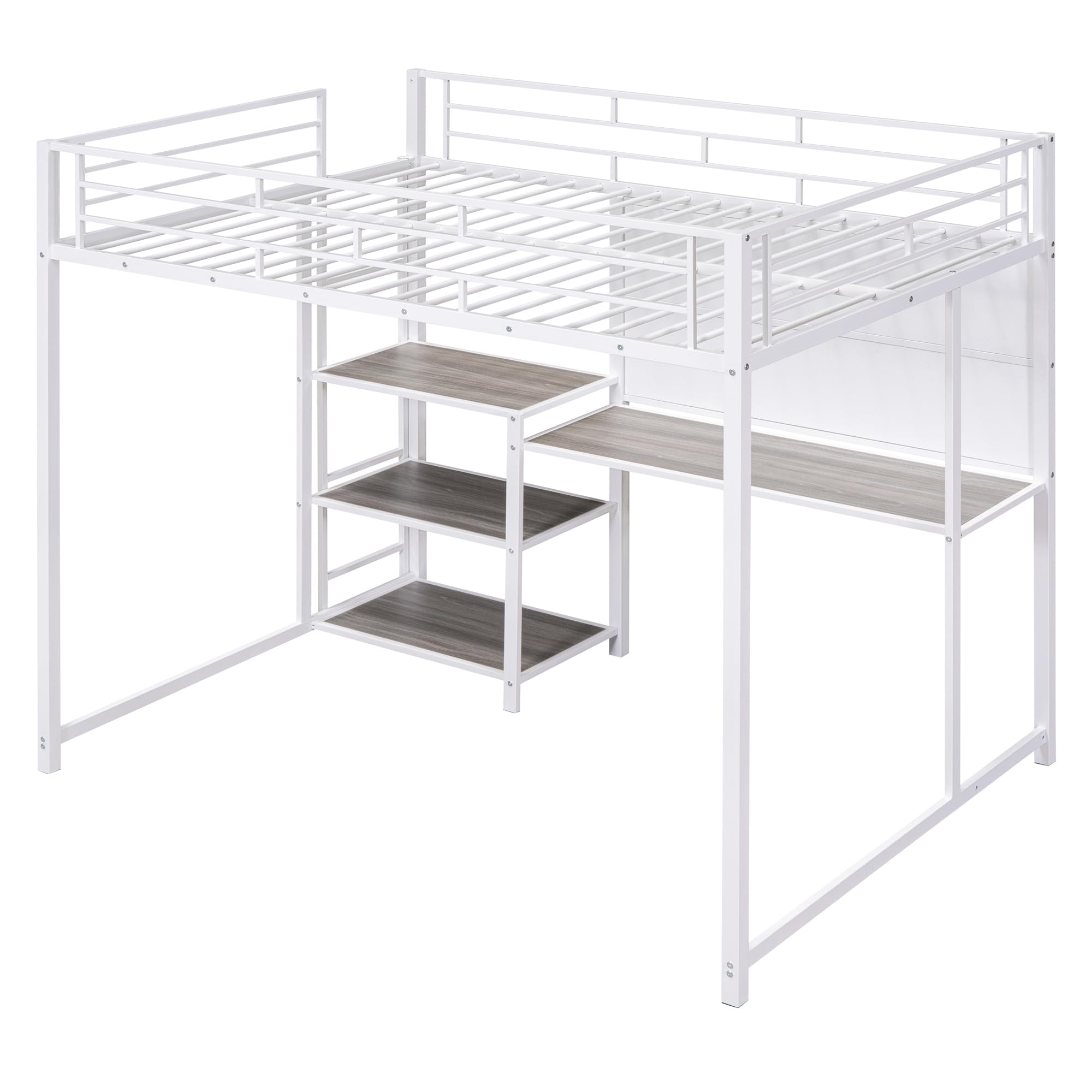 Full Size Loft Bed with Study Desk & Storage - Sturdy Metal Frame, Built-in Whiteboard & Ladder - Space-Saving Solution for Small Rooms, Dorms & Apartments (White)
