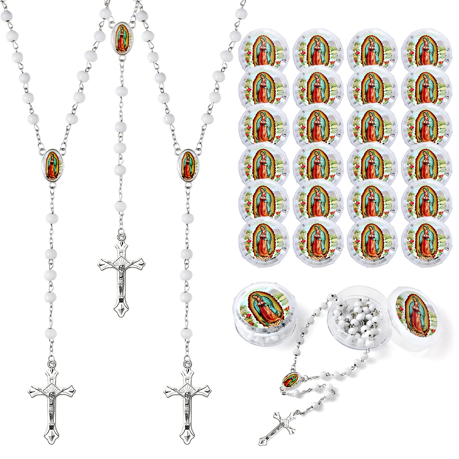 24 PCS White Rosary Beads Bulk - Catholic Prayer Beads for Baptism, First Communion & Quinceañera - Lady of Guadalupe Rosary Necklace Gifts for Christian Guests - Perfect for Religious Ceremonies, Party Favors & Devotional Use