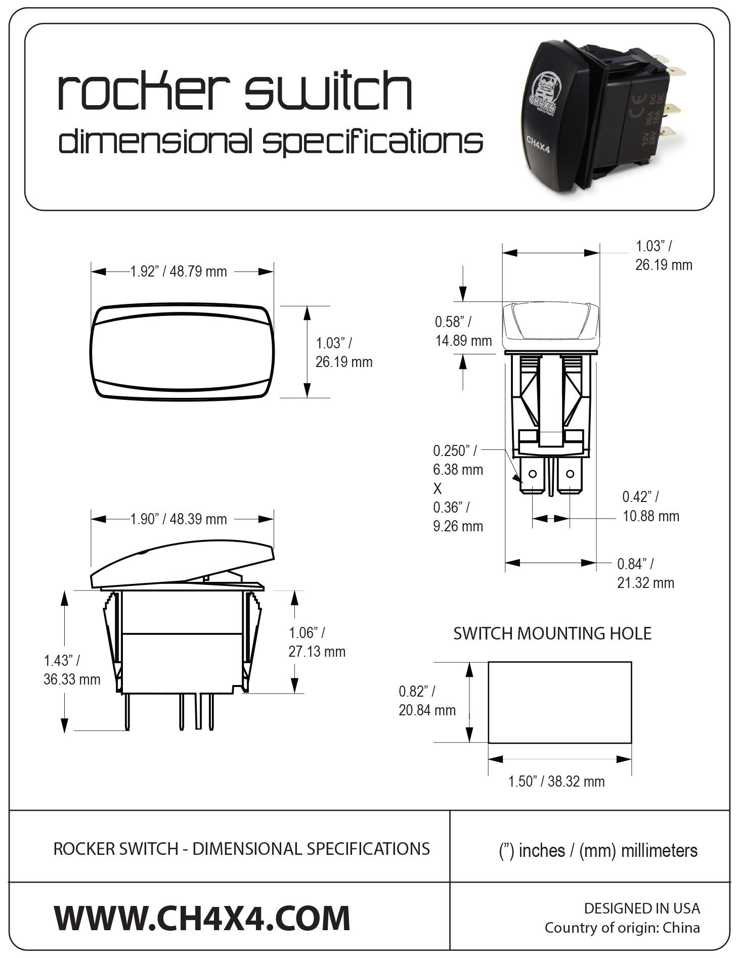 CH4x4 Rocker Switch with Air Compressor Symbol - Horizontal Mounting - Green LED Light for Off-Road Vehicles & Marine Applications